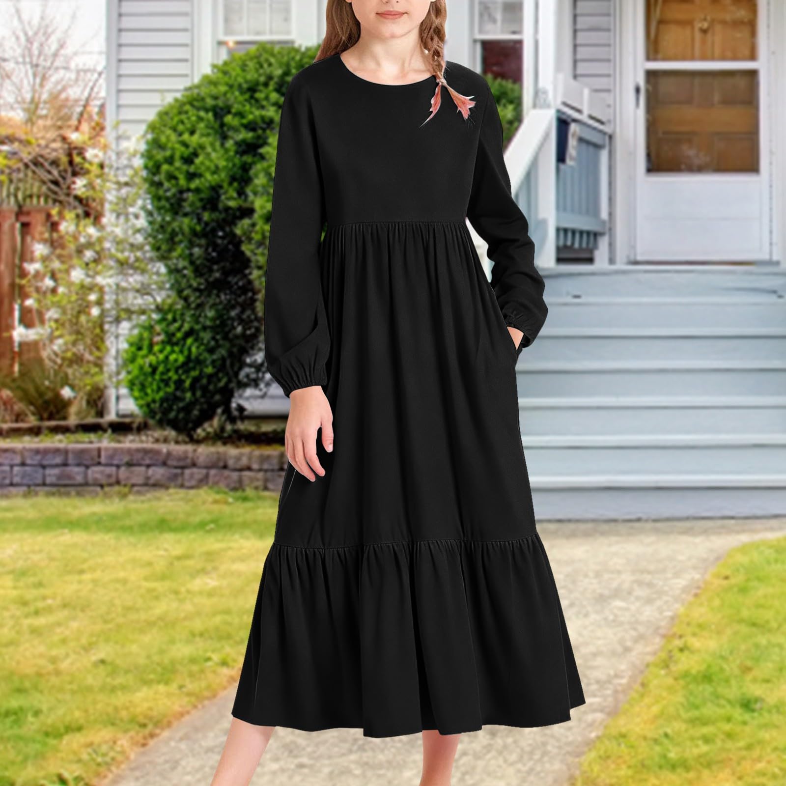Vestido de manga larga para niñas, vestido casual de playa, primavera, verano, vacaciones, cuello redondo, escalonado, acampanado, maxivestidos con bolsillos