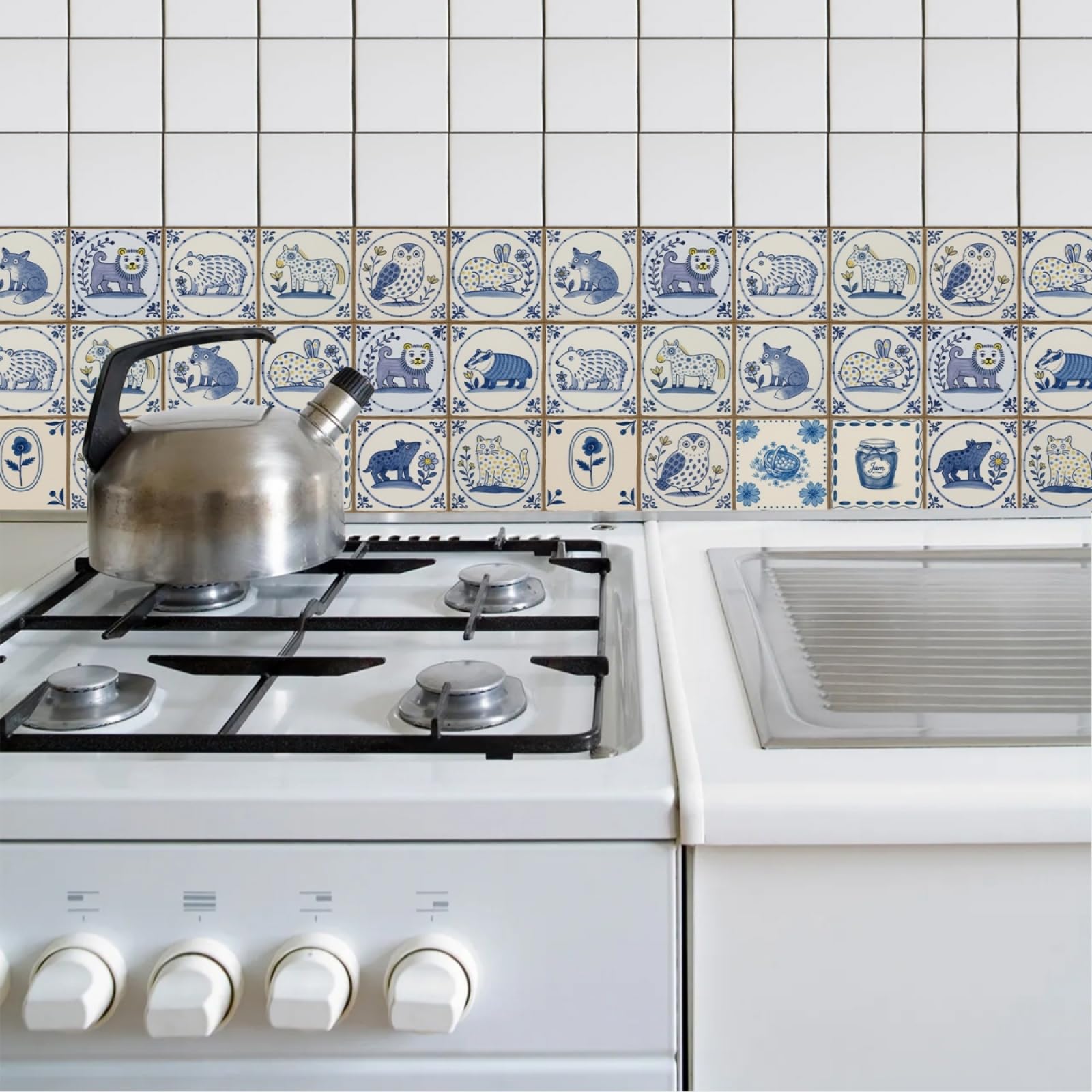 Tile Stickers Blue Animal Yellow Stick on Kitchen Tiles Self Adhesive Wall Tiles PVC Peel and Stick Tile Covers Transfers Oil-Proof Kitchen Splashbacks for Walls Removable 20x20cm/48 Pcs