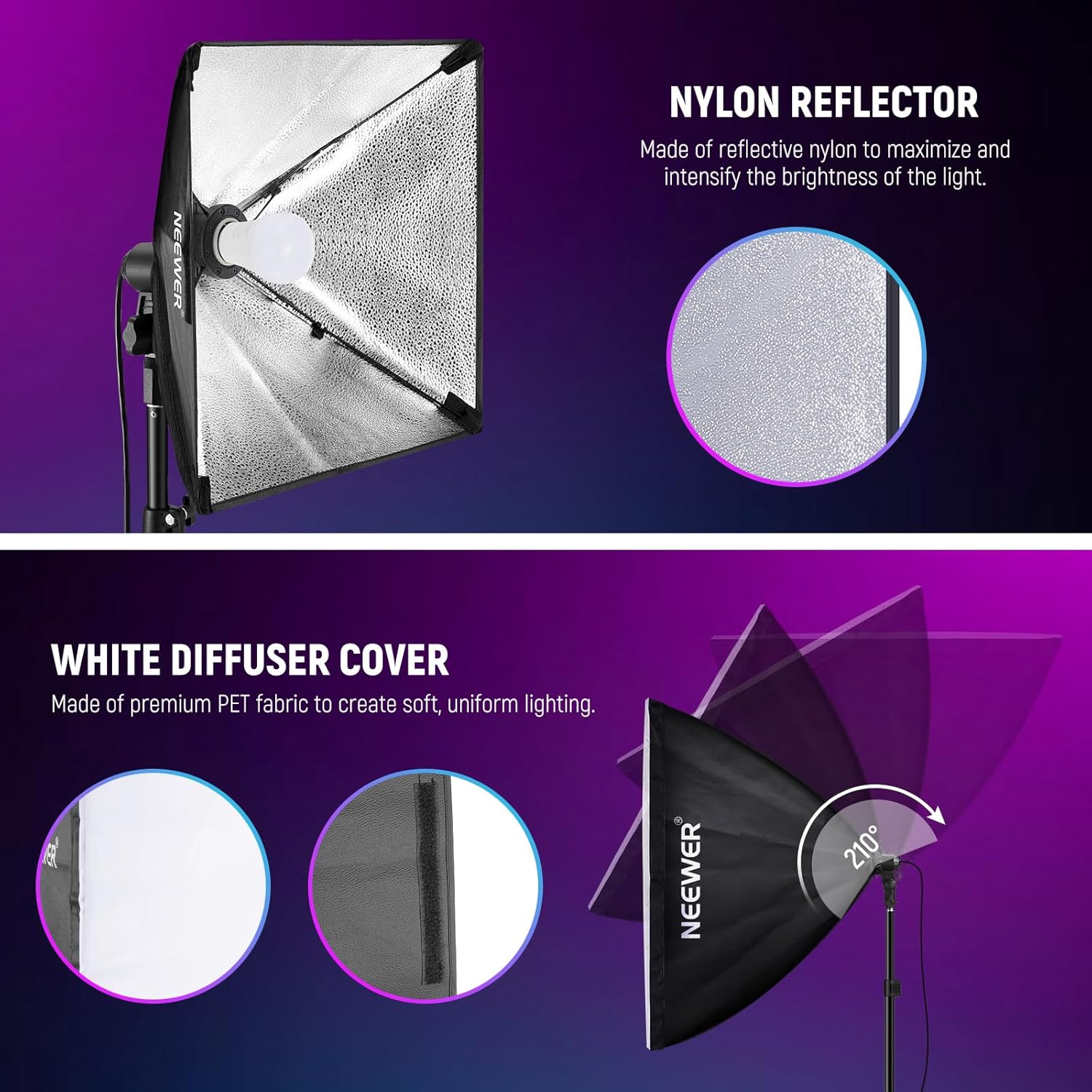 NEEWER RGB 180W Equivalent Softbox Lighting Kit with App Control & 9 Effects, 2 Pack 9W 2700-6500K LED Bulbs CRI93+ TLCI98+, E26 Porcelain Socket, 16" Softboxes for Studio Photography Lighting, NK004