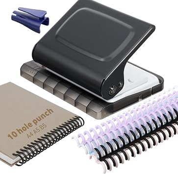 10 Hole Punch Binding Machine for Planners with 12 Multi-Color Binder Rings, 30 Holes on A4, 20 Holes on A5, 26 Holes on B5, 10 Sheet Capacity
