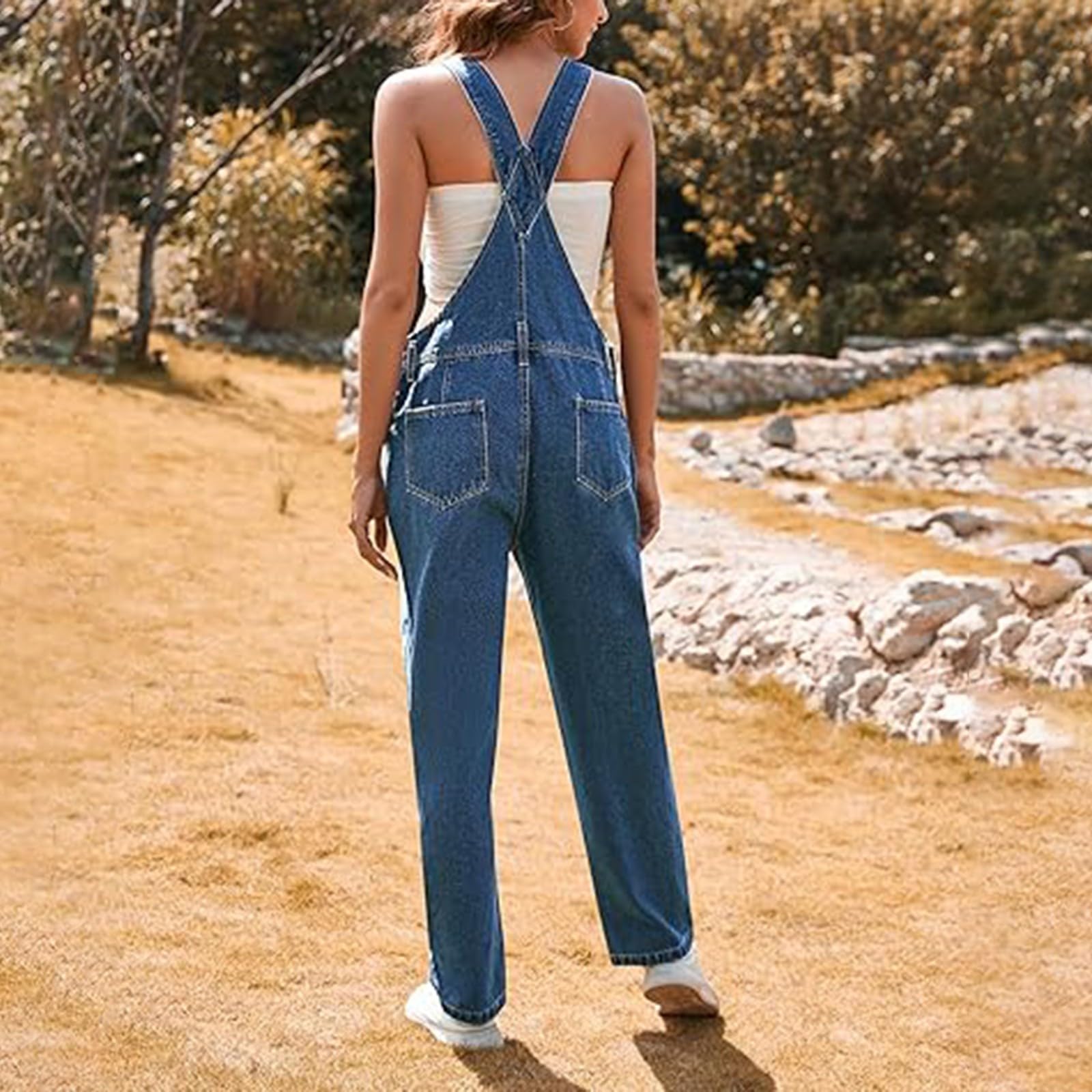 Salopette da donna lunghe, oversize, pantaloni da lavoro da donna, blu, jeans a percussione, a vita alta, con tasche, pantaloni da lavoro retrò, senza maniche, tuta estiva elasticizzata.
