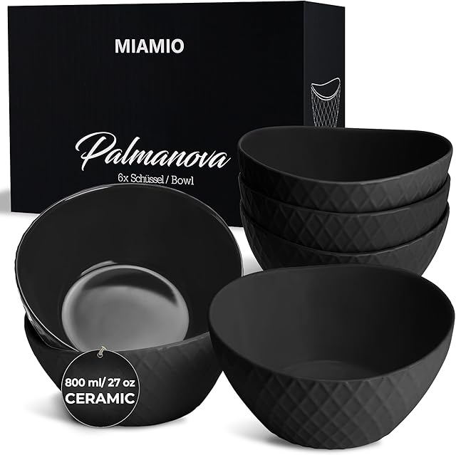 MIAMIO - 6 x 800 ml - Bowl Set/Cereal Bowl Set - Modern Bowls Matte  Bowls Set Large - Palmanova Collection (Black)