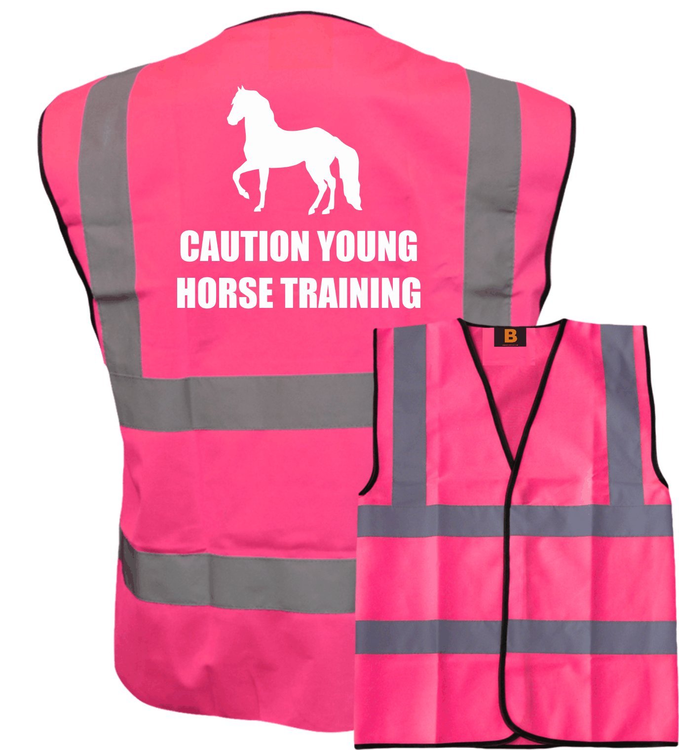 Bright Pink High Visibility Vest with White Text CAUTION YOUNG HORSE WITH IMAGE - HORSE RIDING By Brook Hi Vis XX-Large