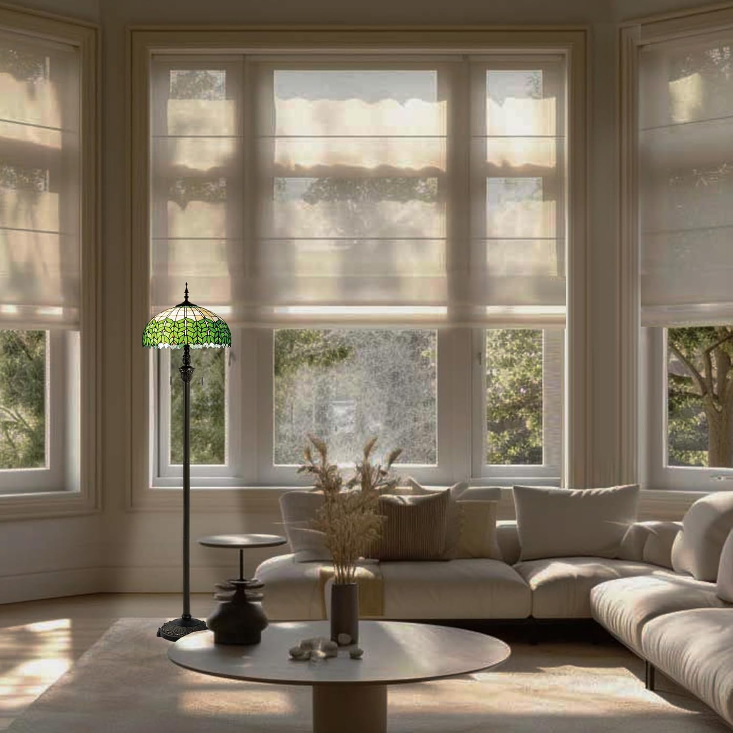 Tiffany Style Floor Lamp, 16" Stained Glass Green Leaf Shade with Antique Bronze Base, 2-Light E26 Pull Chain Standing Reading Light for Living Room, Bedroom, UL Listed, 16x16x64 Inches