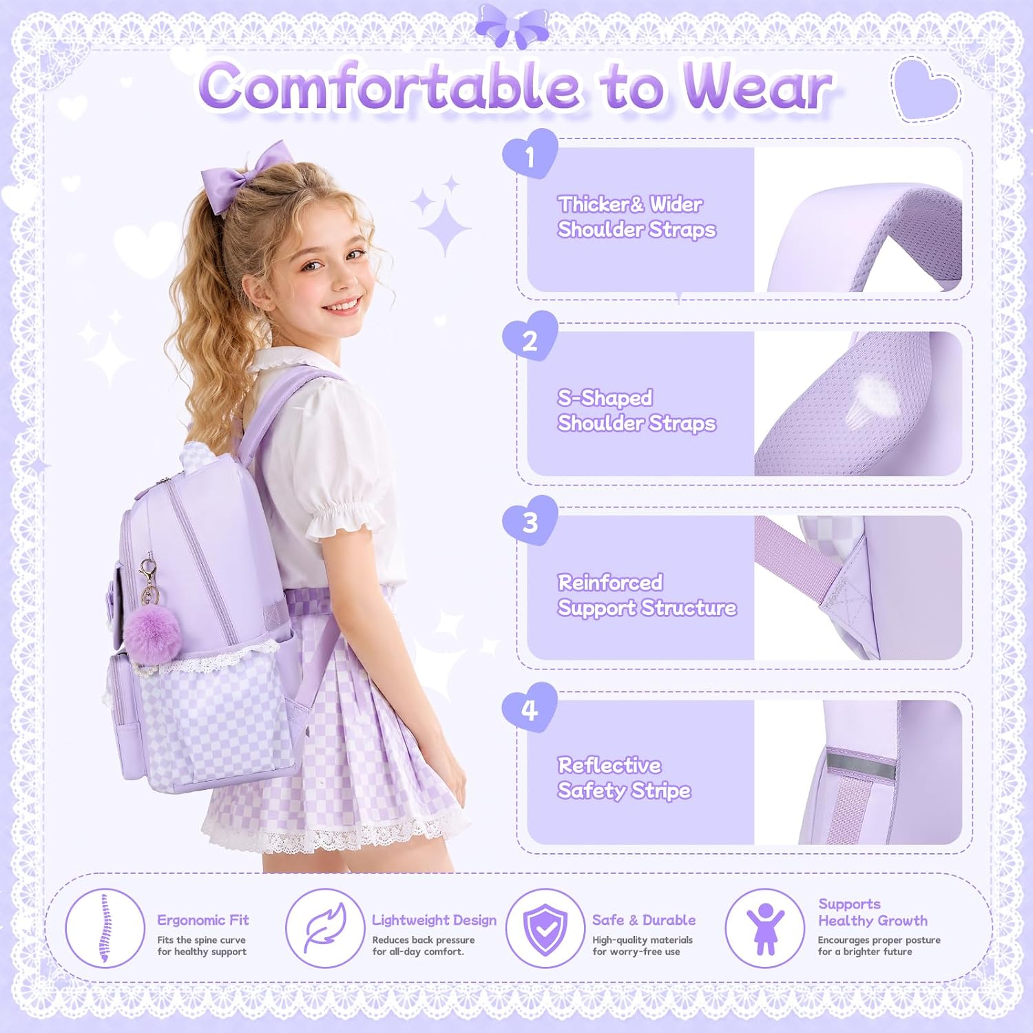 Girls Backpack, Kawaii Kids Backpack for Girls School Kids Bookbag with Pom-pom Pearl Pendant for Primary Elementary Middle School, Purple