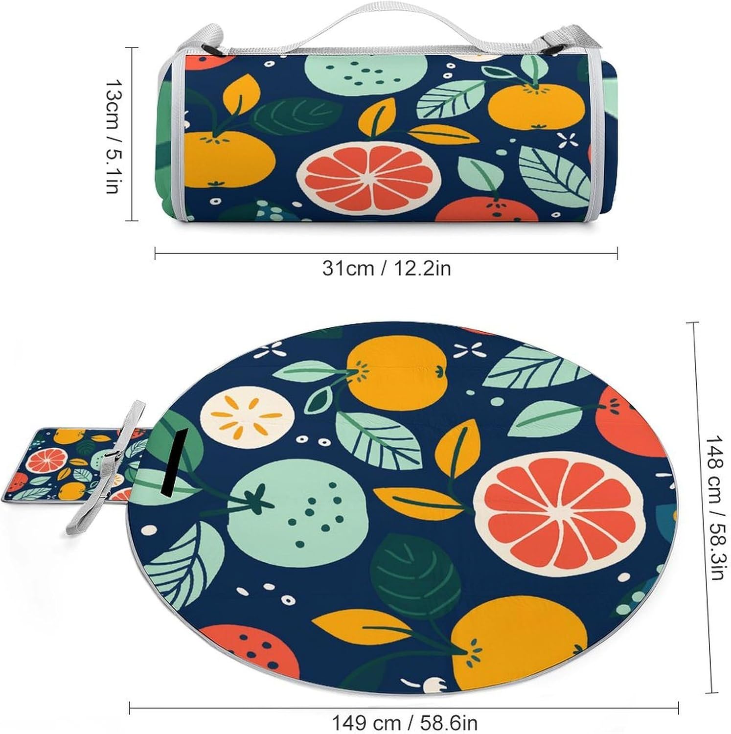 Hand Drawn Fruits Picnic Mat Lightweight Waterproof Picnic Blankets Extra Large Picnic Outdoor Blankets Foldable Sandproof Beach Blanket for Park Beach Camping Courtyard 58.3''x58.3''