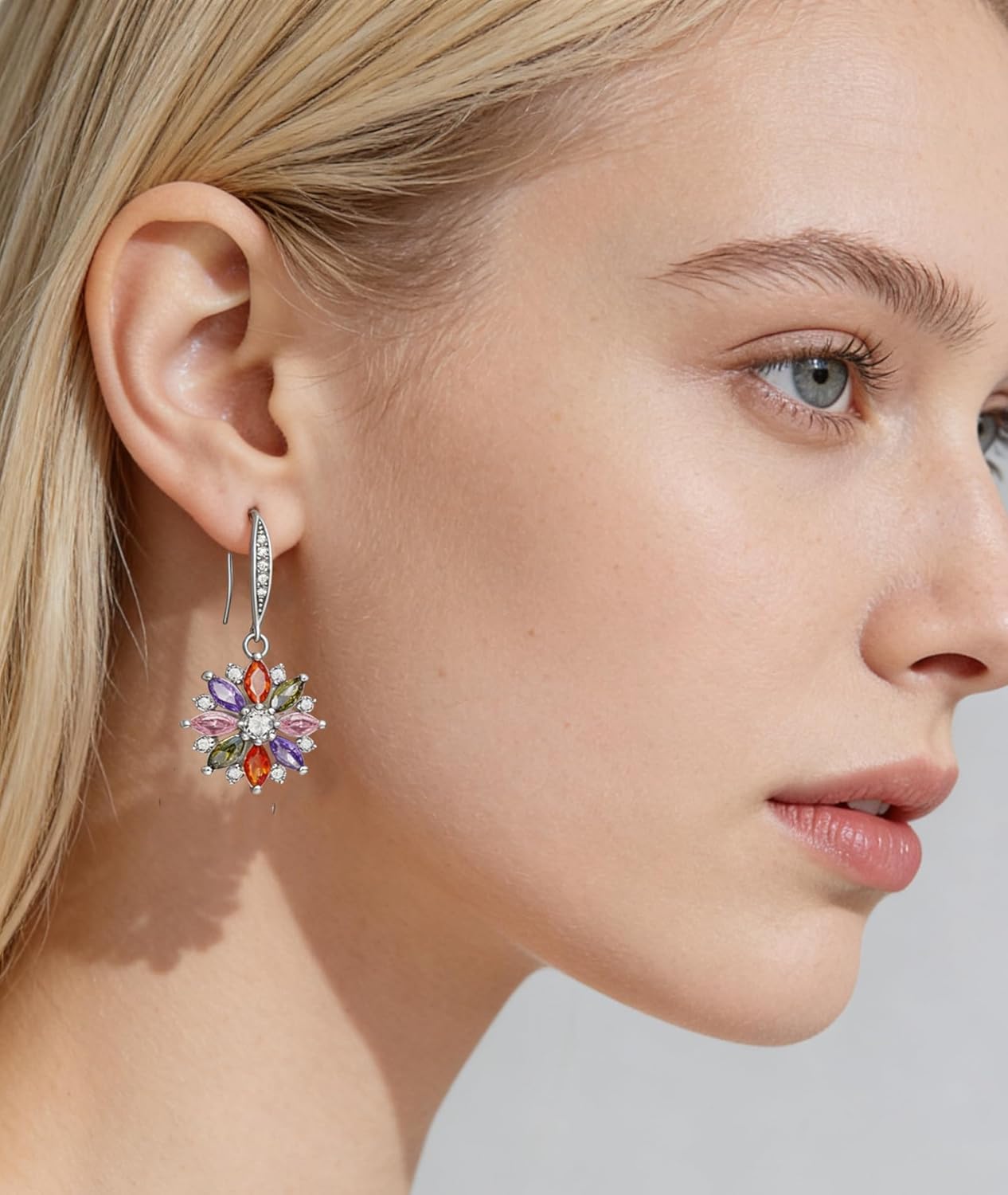 VONSSY Colorful Snowflake Pendant Necklace Earrings Rose Gold 5A Cubic Zirconia | Crystal Sweater Chain | Multi Gemstone Garnet Amethyst Morganite Peridot Prom Rhinestone Necklaces for Women Vintage Stylish Gift