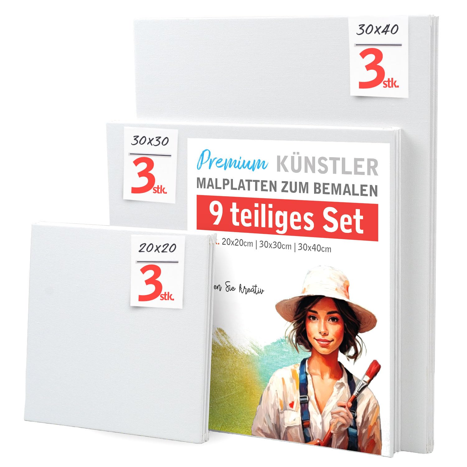 Set di 9 cartoncini per artisti, da dipingere, da 3 pezzi, 20 x 20 cm, 30 x 30 cm e 30 x 40 cm, tela pre-primerizzata in 100% cotone, lavorata in cartone mall, 2 strati di colore bianco