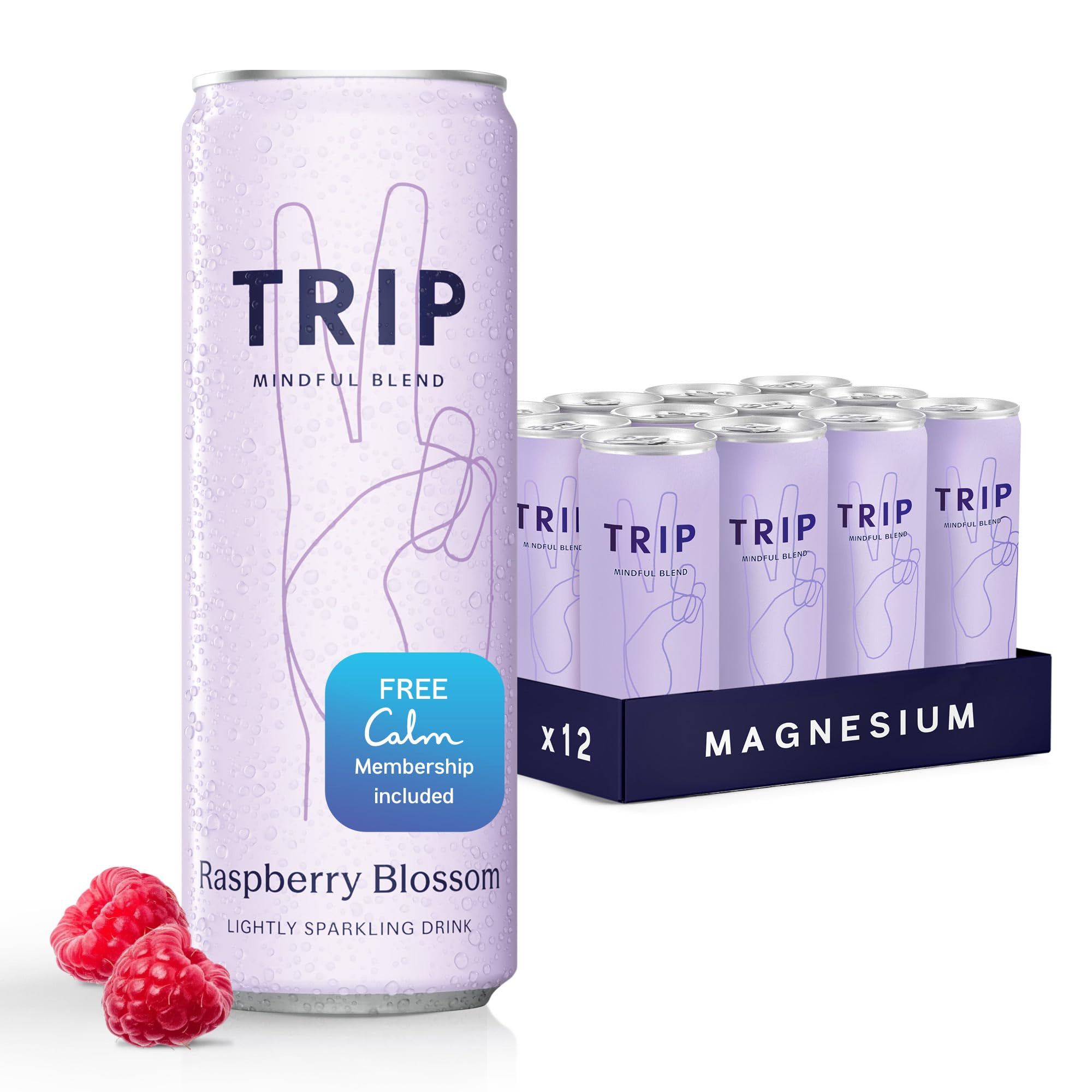Trip Mindful Blend, Lightly Sparkling Adaptogen Seltzer, Mocktail w/ 120mg Magnesium Citrate with Ashwagandha, Lions Mane & L Theanine, No Added Sugar, Vegan, Raspberry Orange Blossom, 12 Oz, 12Pk