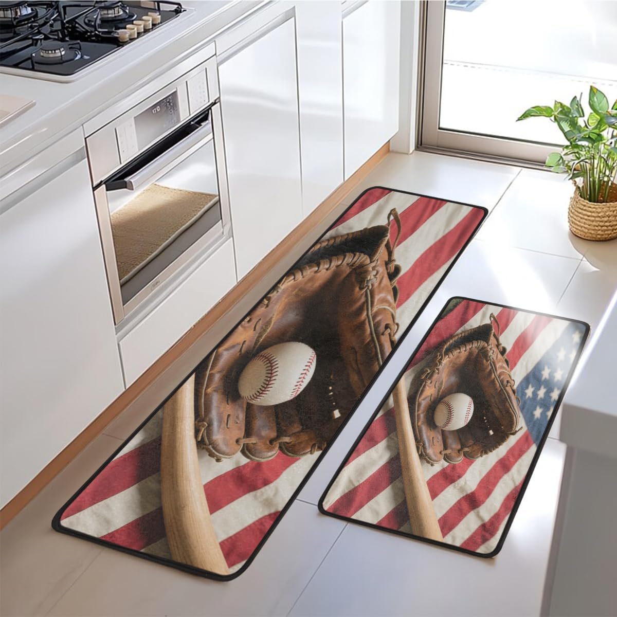 Anti Fatigue Baseball Gear Kitchen Mats for Floor 2 Piece Set, Waterproof Non Slip Boho Kitchen Floor Rugs, Comfort Standing Mat for Sink Laundry & Home Kitchen 17"x47"+17"x29"