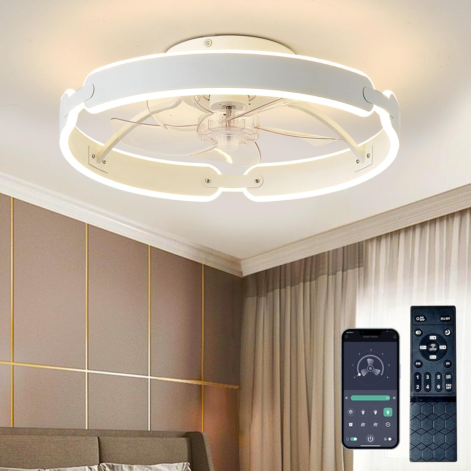 Ceiling Fans with Lights and Remote, 20'' Low Profile Ceiling Fan, 3000-6000K Dimmable Modern Flush Mount LED Fan Light, 6 Wind Speeds White Ceiling Fans for Bedroom