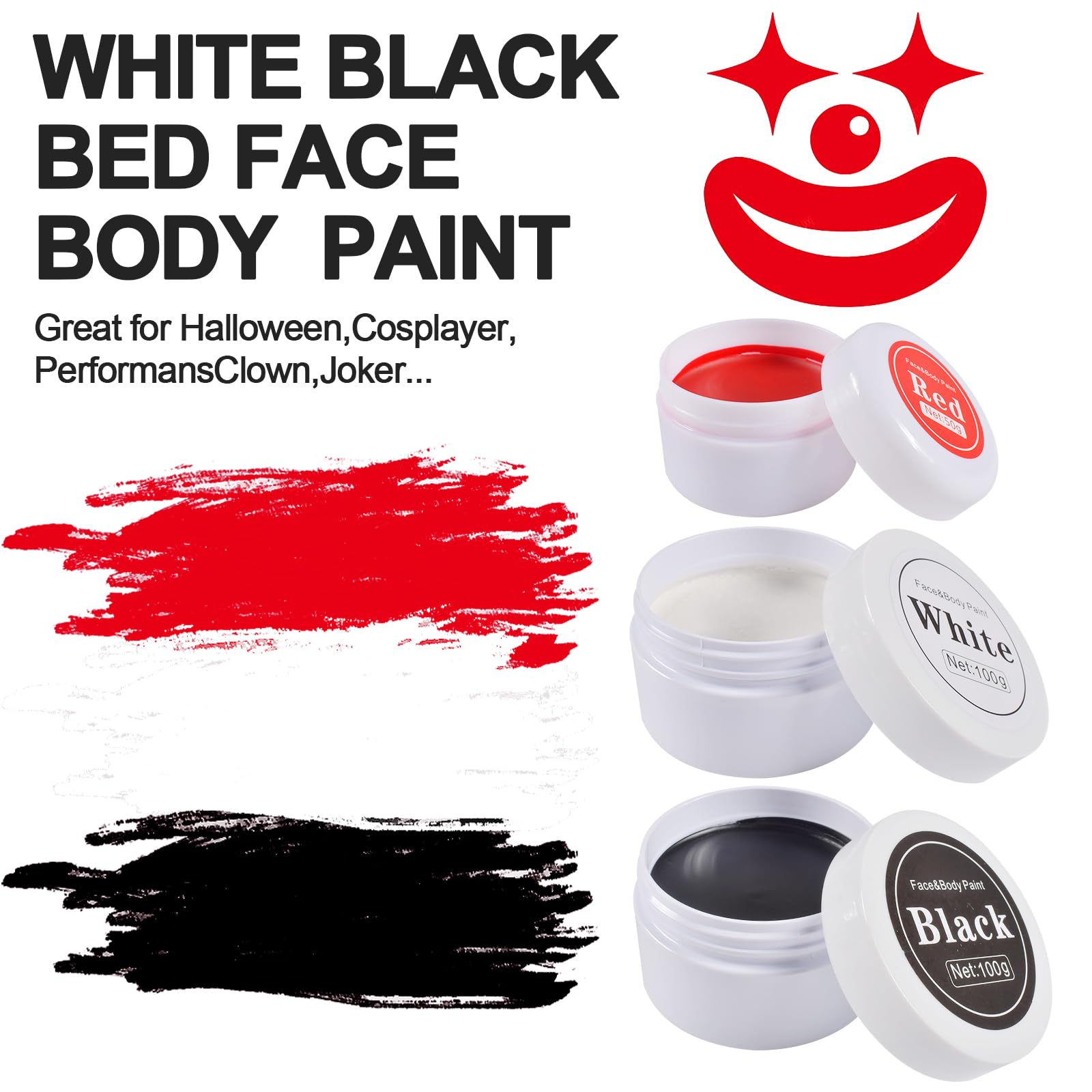 Vernice per il corpo in bianco nero con pennello per il trucco, vernice Vernice per il corpo in bianco nero con pennello per il trucco, vernice