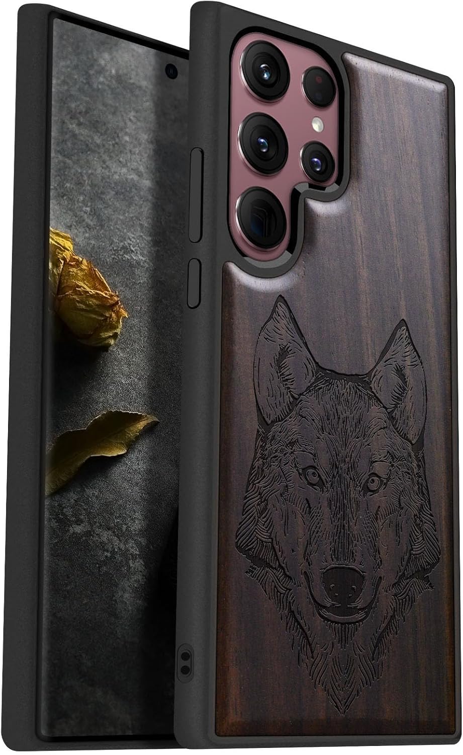 Carveit Wood Case for Galaxy S22 Ultra Case [Natural Wood & Black Soft TPU] Shockproof Protective Cover Unique & Classy Wooden Design Compatible with Samsung S22 Ultra (Wolf Head-Blackwood)