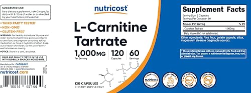 Miniatura 12 de Nutricost Tartrato de L-carnitina 500 mg, 240 cápsulas - 1000 mg por porción (3 botellas)