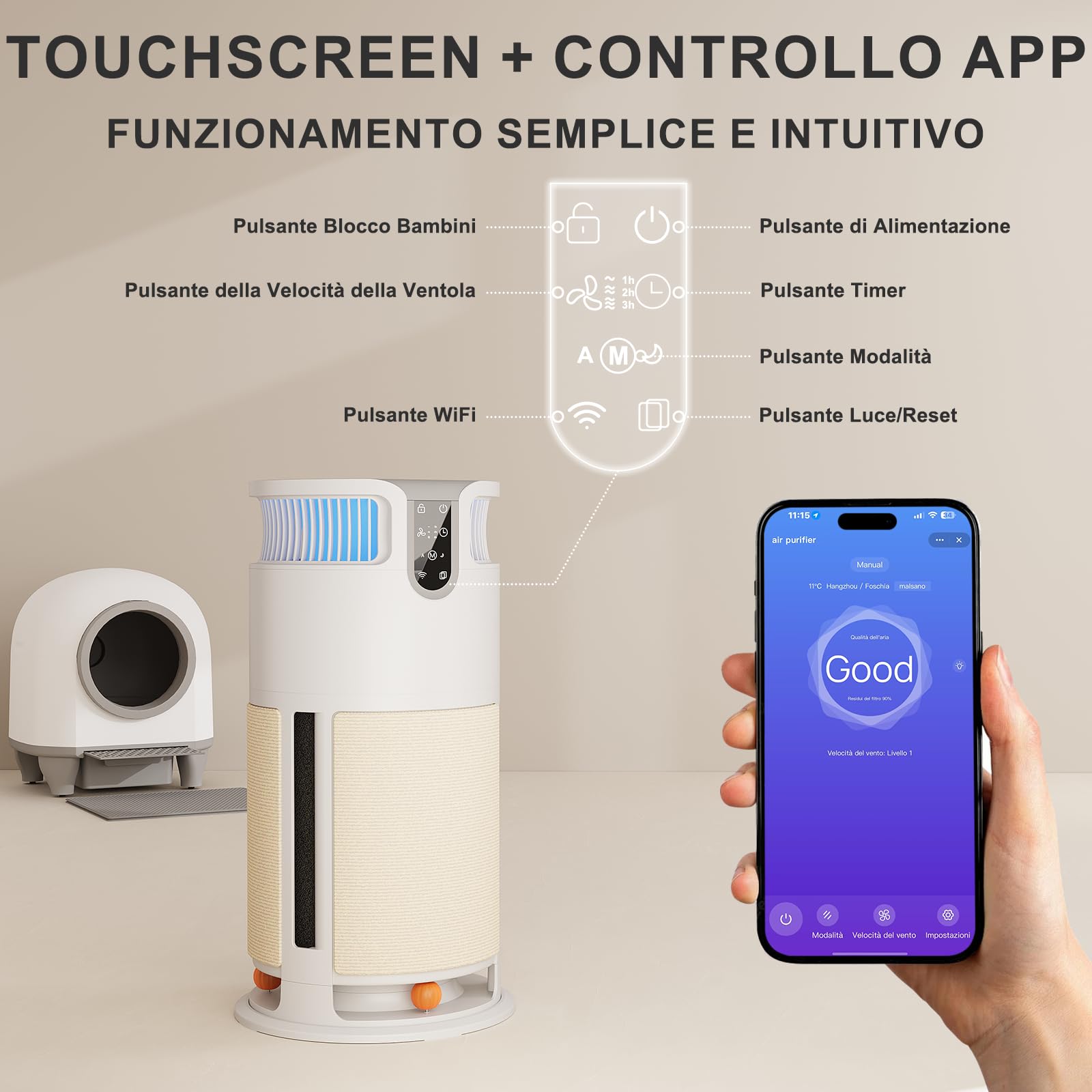 JUMMICO Purificatore d'Aria Intelligente, Depuratore Aria con Filtro HEPA — rimuove il 99,98% di Muffe, Polvere, Polline e Peli Animali. Dotato di Monitoraggio Automatico PM2.5, CADR 350 m³/h