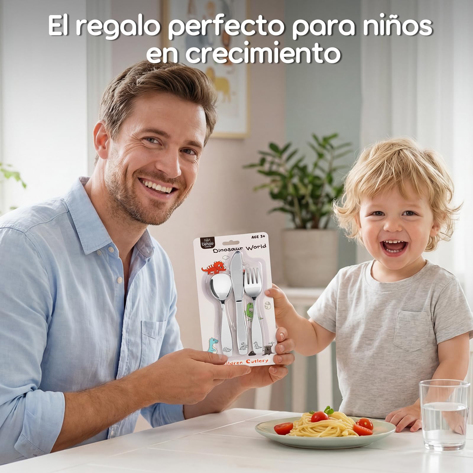 Lehoo Castle Cubiertos Infantiles de Acero Inoxidable, Set 6 Piezas Cubiertos Bebe Dinosaurios, 2 x Tenedores, 2 x Cucharas, 2 x Cuchillos, Vajilla Bebé y Niños
