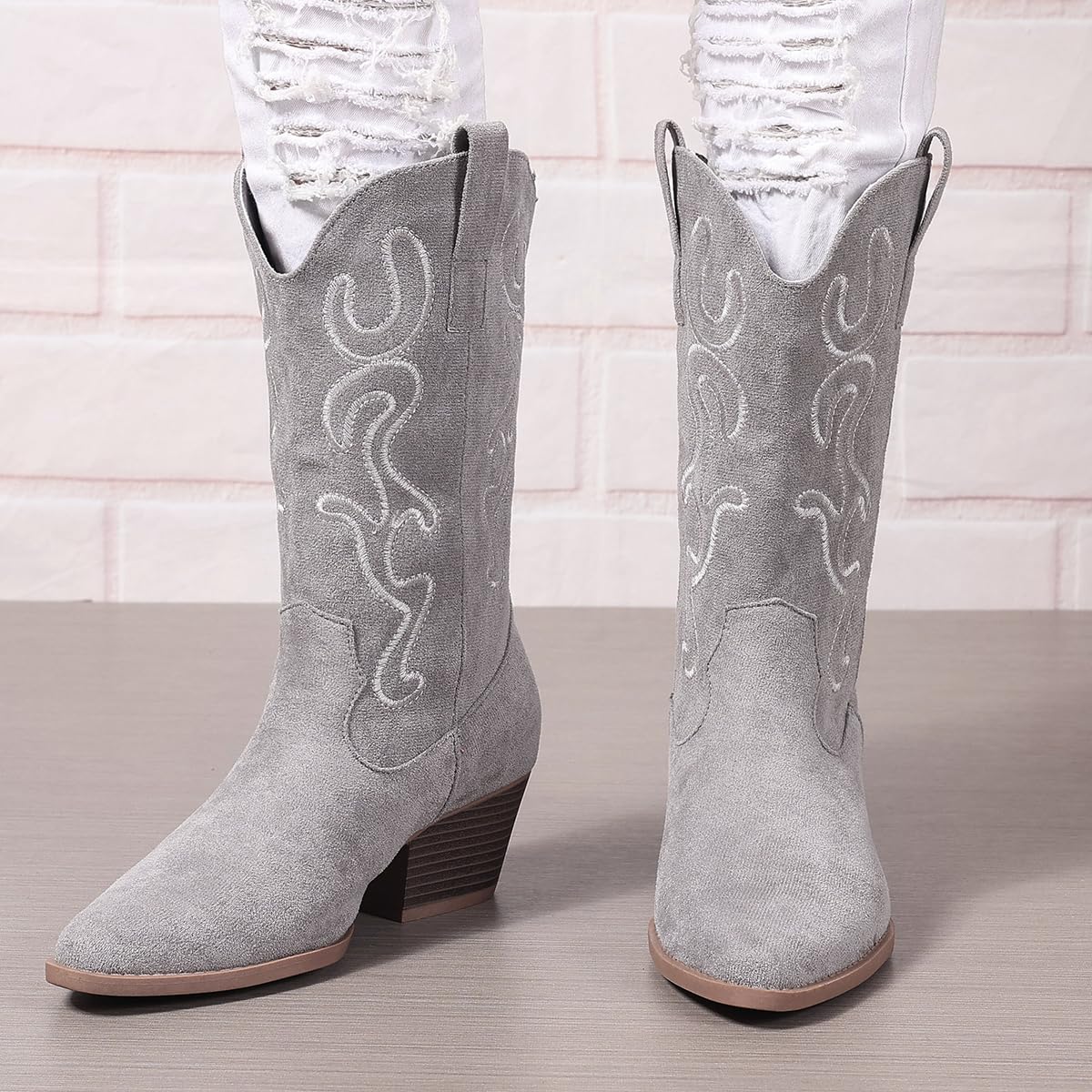 Bandkos Cowboy-Stiefel für Damen, bestickte Cowboy-Stiefel mit mittleren Waden, niedriger Absatz, modische Stiefel