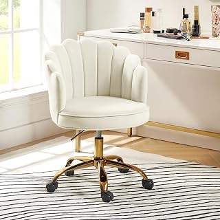 HULALA HOME Silla de oficina dorada, moderna y acolchada, giratoria ajustable, color blanco
