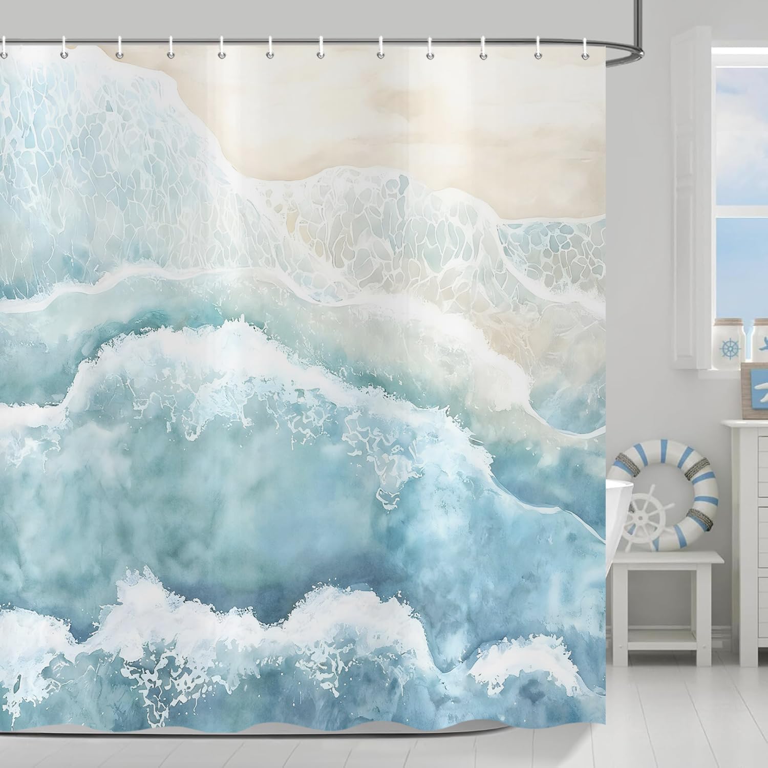 Rideau de douche lavable en tissu aquarelle bleu avec 12 crochets de suspension