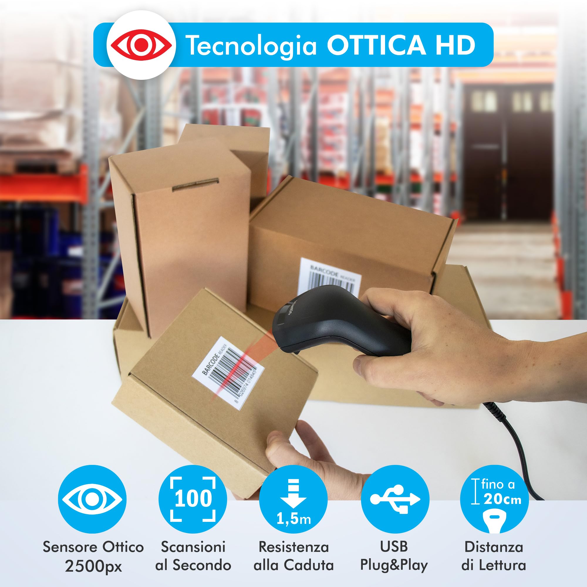 Atlantis A08-LN1100 Lettore Codici a Barre Barcode reader scanner 1D Ottico ad alta risoluzione 2500 pix, 100 scansioni sec, legge da smartphone, codice farmaceutico, collegamento USB, guida rapida.