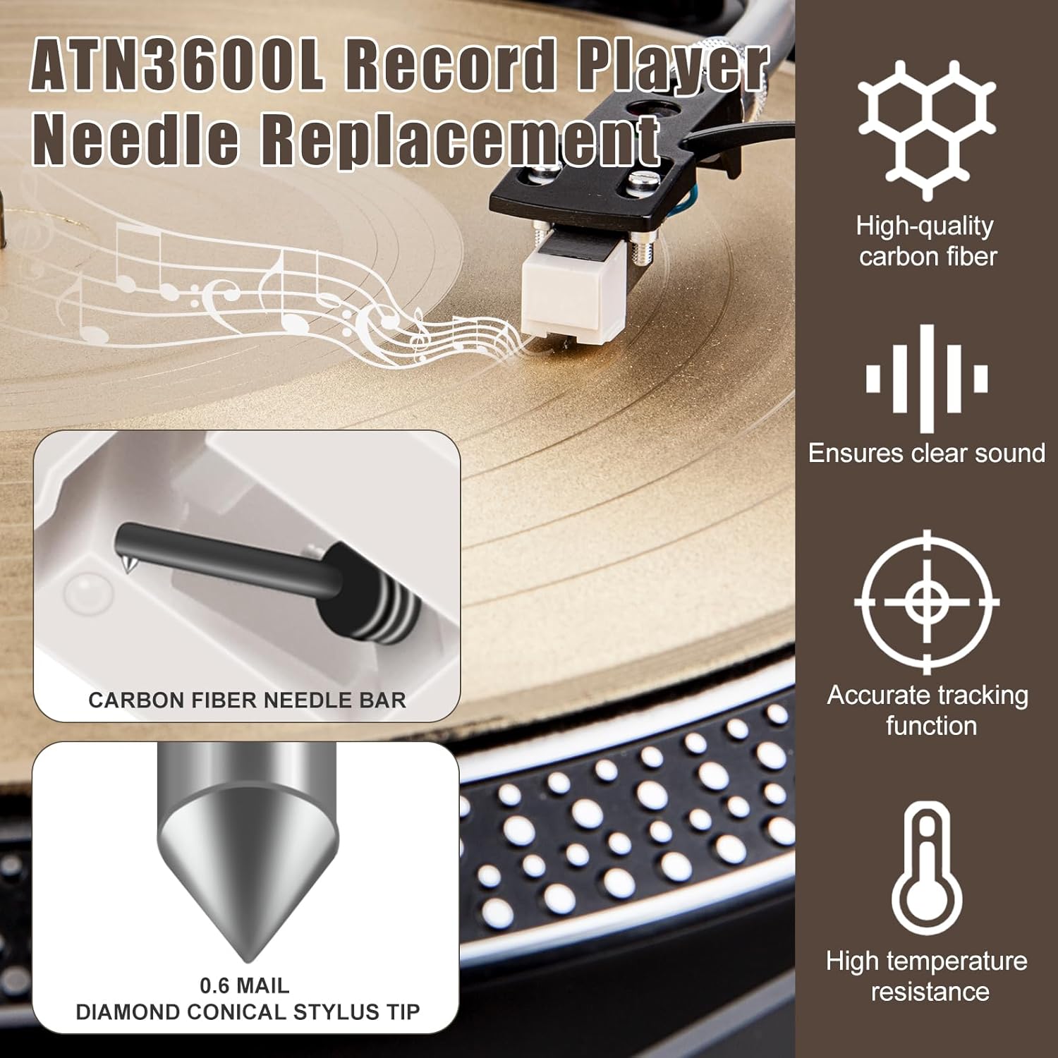 2 Pack Record Player Needle Replacement for ATN3600L, Stylus Turntable Needle Compatible with Audio-Technica AT-LP60X, AT-LP60XBT & AT-LP60XBT-USB Vinyl Record Player, Diamond Record Player Stylus