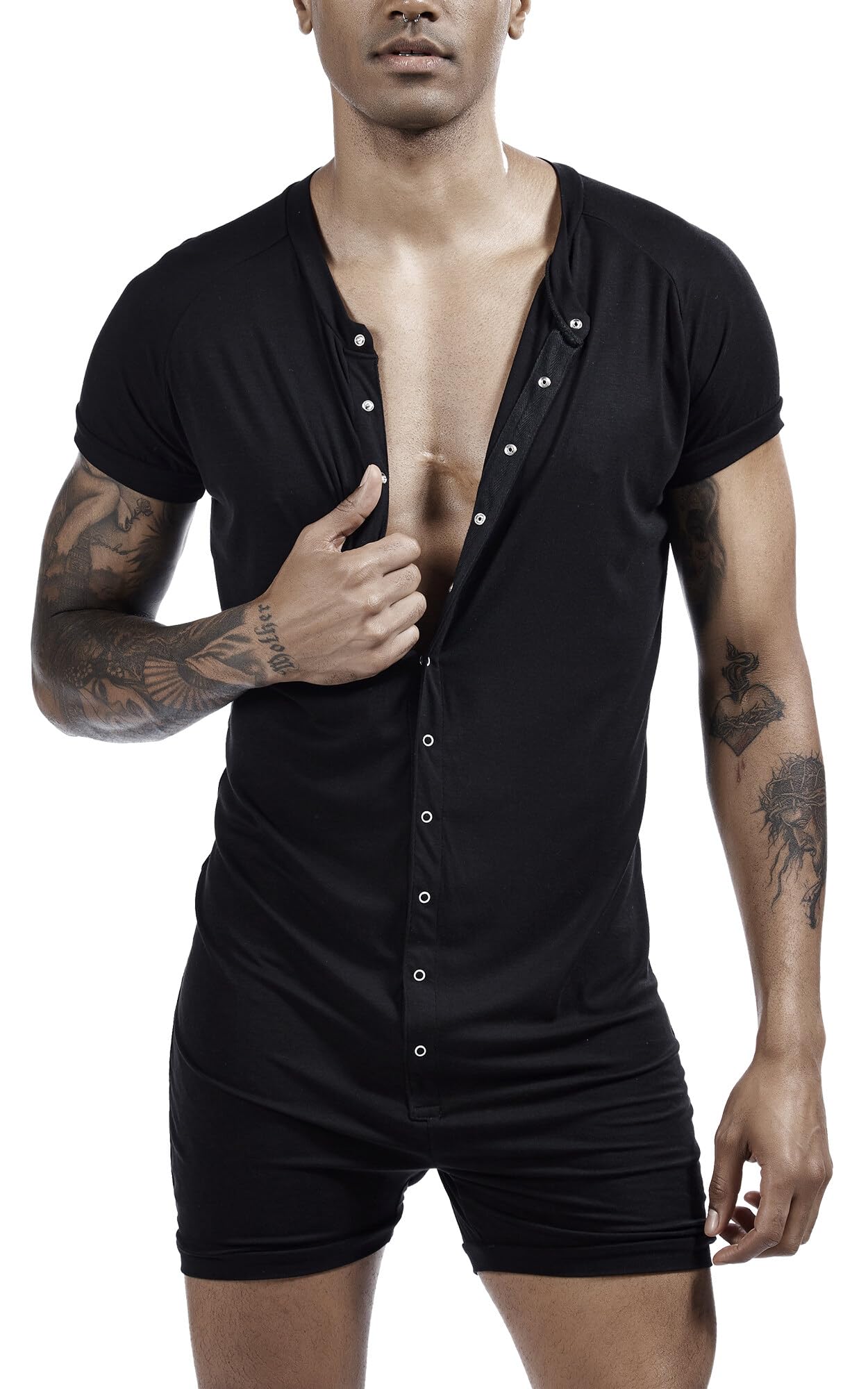 AIEOE Herren Body Bodysuit Kurzarm Einteiler Overall Strampler mit Knöpfen Weich Stretch Bequem Unterhemd Männer Casual Jumpsuit