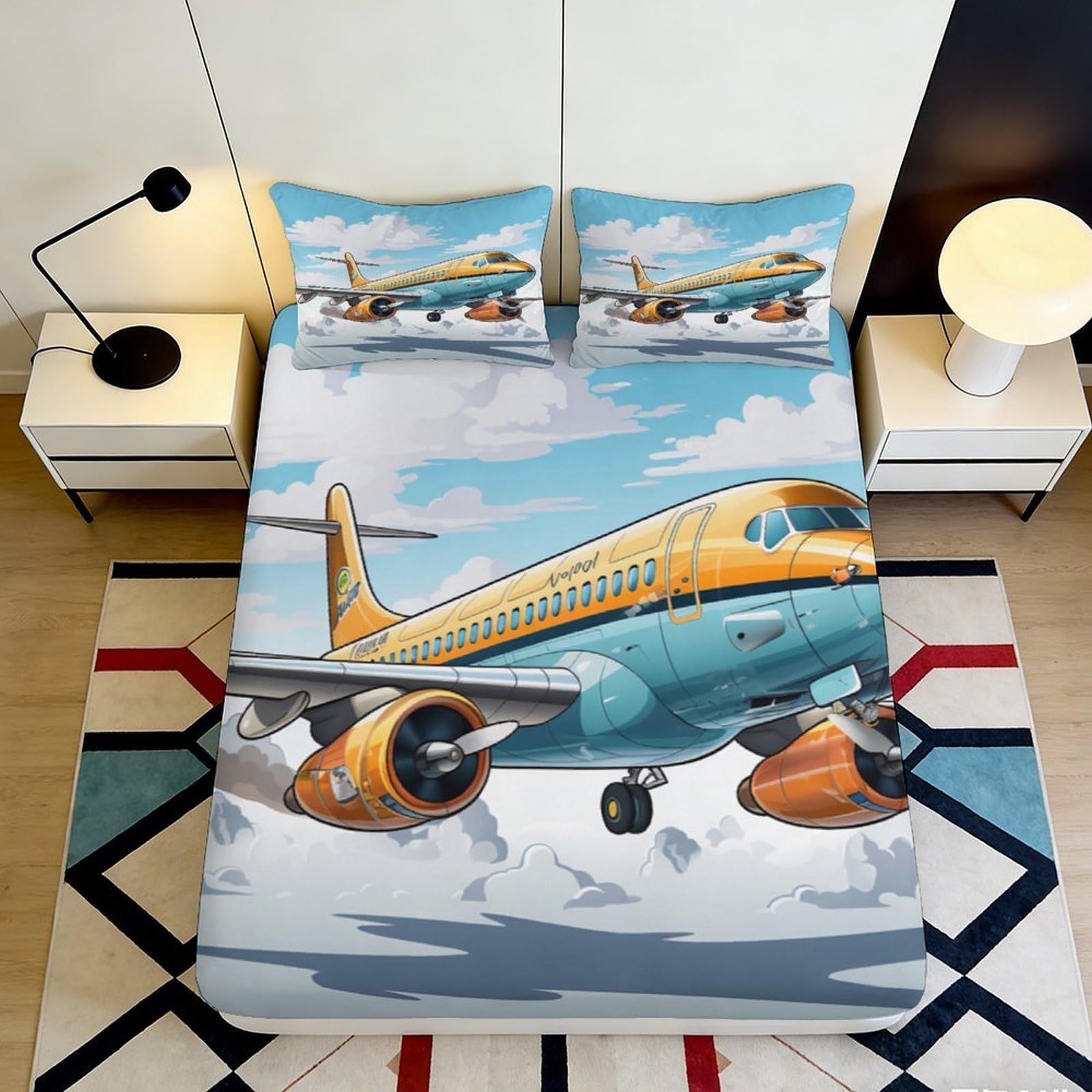 3D Printed Airplane Fitted Sheet Microfiber Soft Durable Blue Yellow Aircraft Bed Cover for Bedroom Dormitory Guest Room Mattress Protection 120x200x25cm
