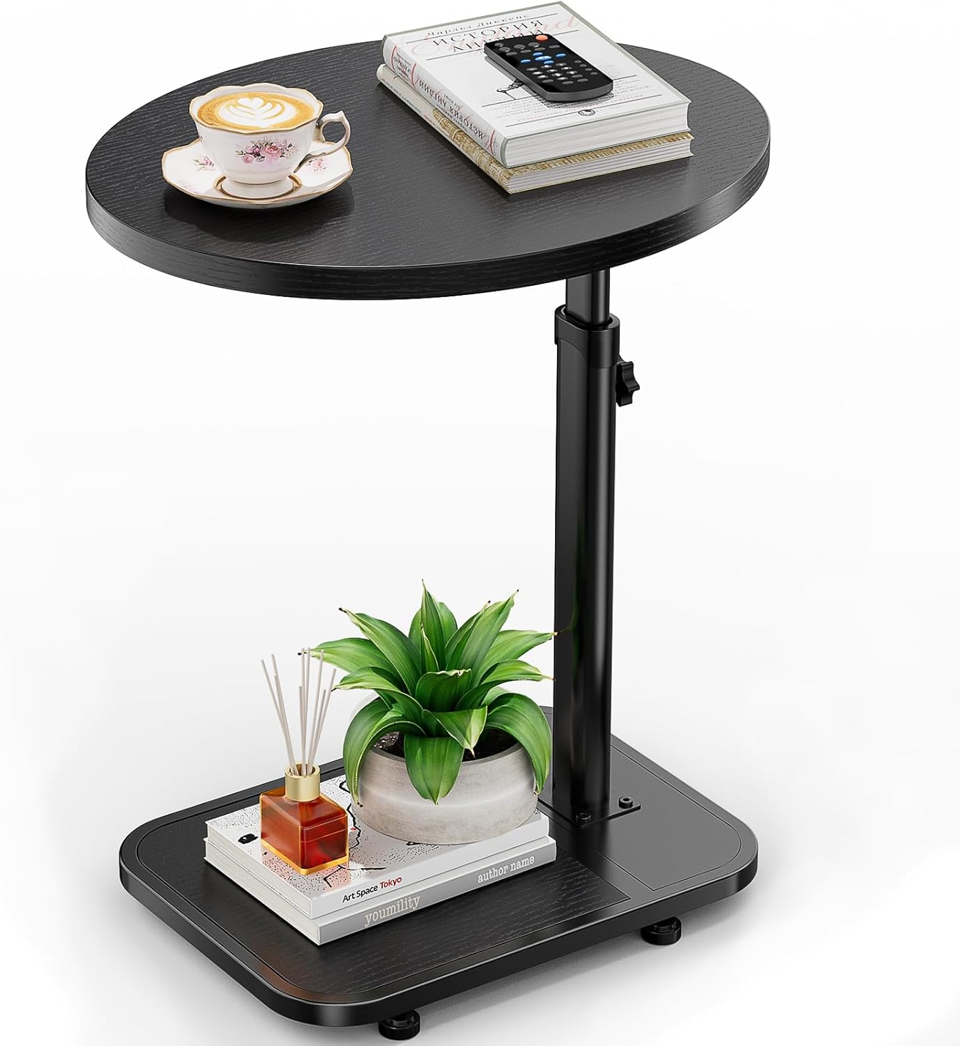 TV Tray Table with Infinite Adjustable Height - C-Shaped Sofa End Side Table for Snack Laptop Desk Small Spaces (Black)