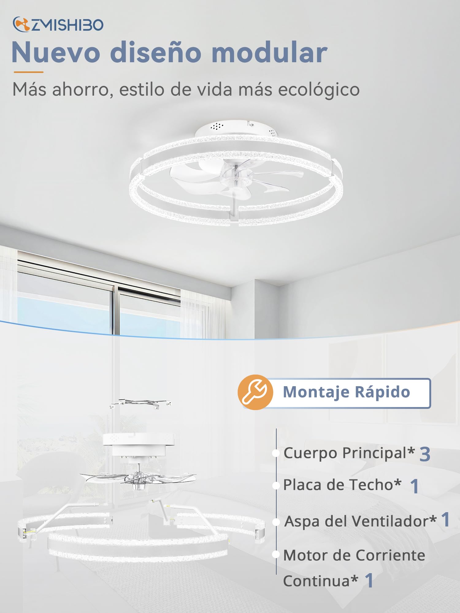 ZMISHIBO Ventilador de techo 51 cm con luz, patrón ondulado, doble anillo LED (blanco), APP y mando a distancia, 6 velocidades, giro adelante/atrás, 3000K-6000K regulable 10%-100%, memoria, temp. 2H