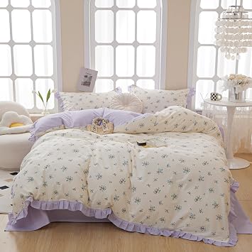 Ruffle Comforter Set Queen Vintage Purple Floral Bedding Comforter 3 Pieces Coquette Bedding Flowers Cottagecore Comforter Set with 2 Pillowcases Fluffy Soft Aesthetic Flower Bedding Set with Lace