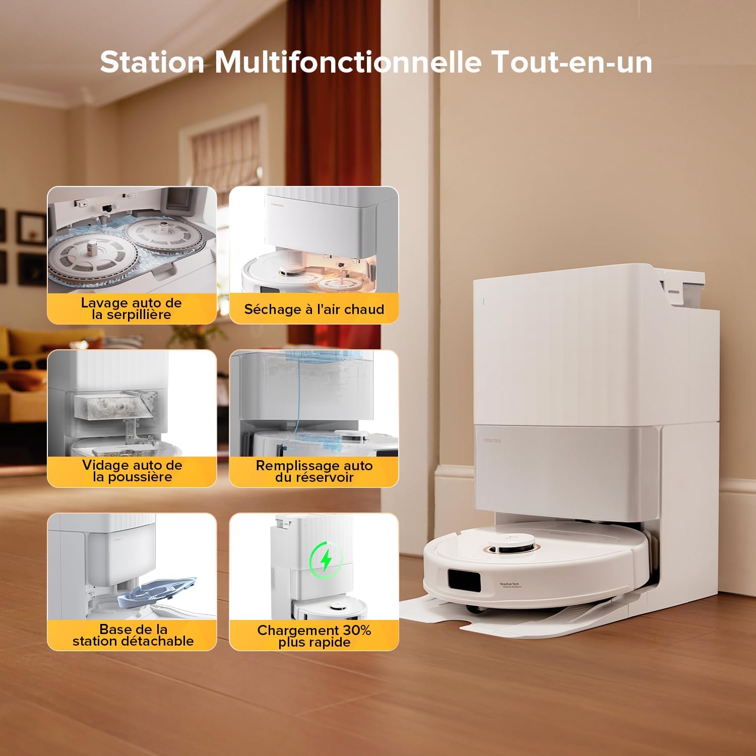 roborock Qrevo S5V Aspirateur Robot Laveur avec Station, 12000 Pa Aspiration, Serpillières FlexiArm, Double Anti-emmêlement, Séchage à l'air Chaud, Évitement d'obstacles et Navigation Intelligente — vue 3