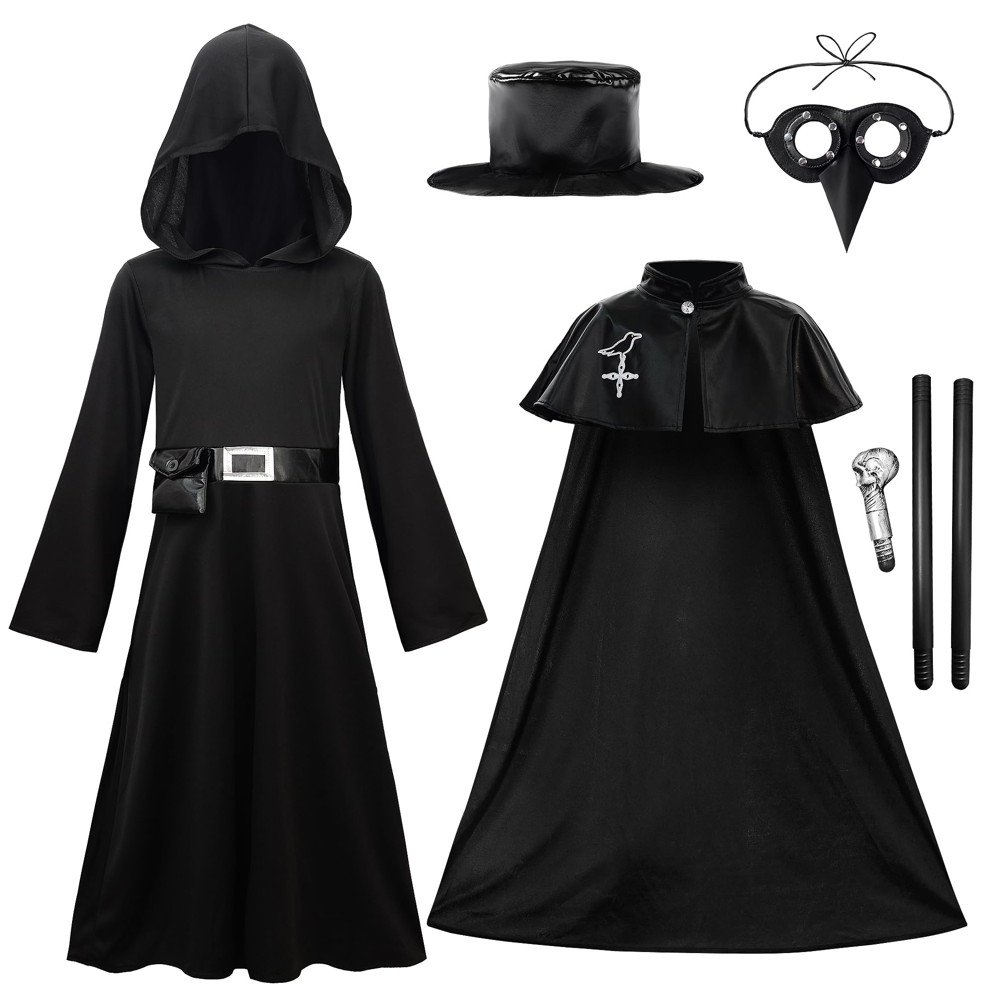 ReliBeauty Medico Della Peste Costume Bambino 3-12 anni Medievale Costume con Accessori Corvo Maschera Scettro Cappello per Halloween