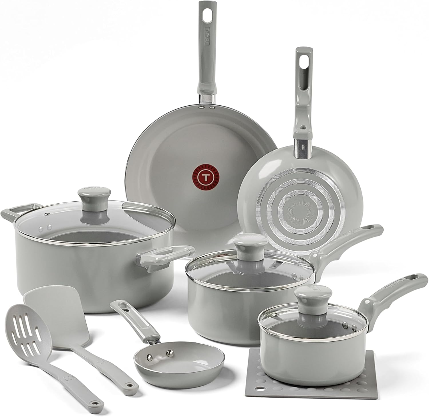 T-Fal Refresh Ceramic Nonstick Cookware Set, 12-Piece, Made without PFOA and PTFE, Oven and Broiler Safe up to 350°F, Includes Stockpot, Griddle, Frying Pans, and Utensils, Pots and Pans, Moon Grey T-Fal Refresh Ceramic Nonstick Cookware Set, 12-Piece, Made without PFOA and PTFE, Oven and Broiler Safe up to 350°F, Includes Stockpot, Griddle, Frying Pans, and Utensils, Pots and Pans, Moon Grey