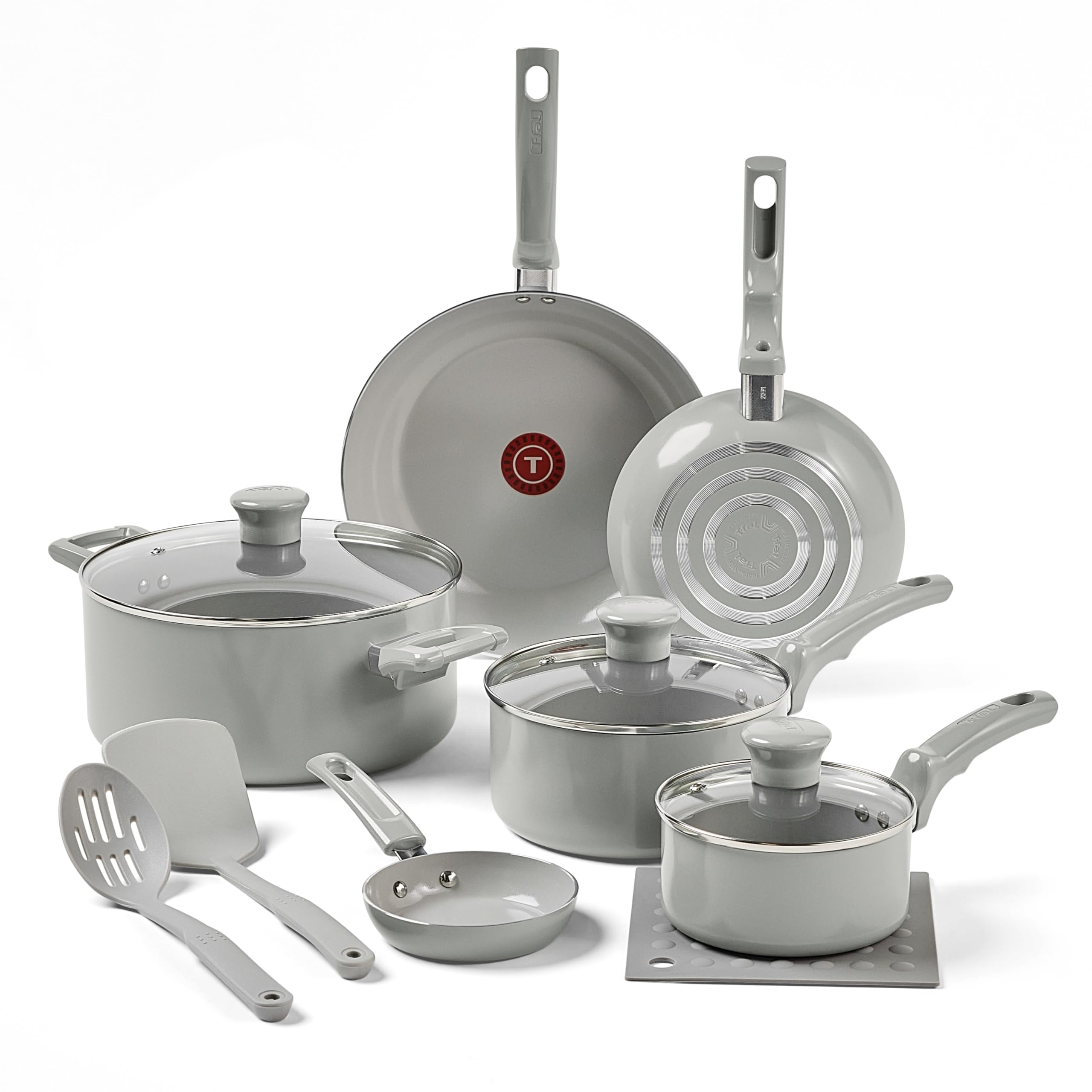 t-fal refresh ceramic nonstick cookware set, 12-piece, made without pfoa and ptfe, oven and broiler safe up to 350°f, includes stockpot, griddle, frying pans, and utensils, pots and pans, moon grey