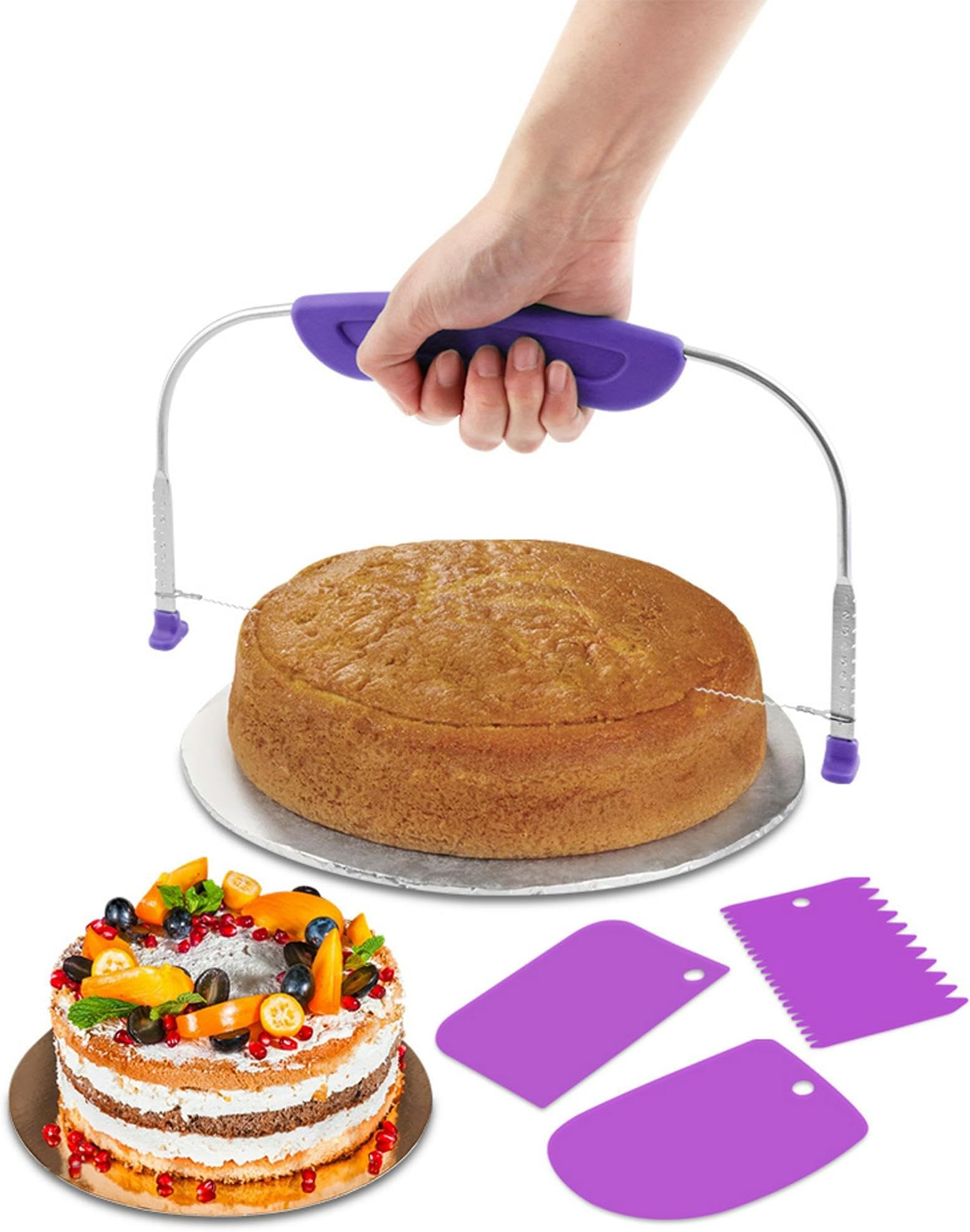 Adjustable Cake Leveler Cutter With 3PCS Cake Scrapers Set,Baking Supplies Tool for Kitchen,Large Size Cake-Cutter Slicer for Leveling,Single Stainless Steel Wire & Plastic Handle(COLOR:Purple)