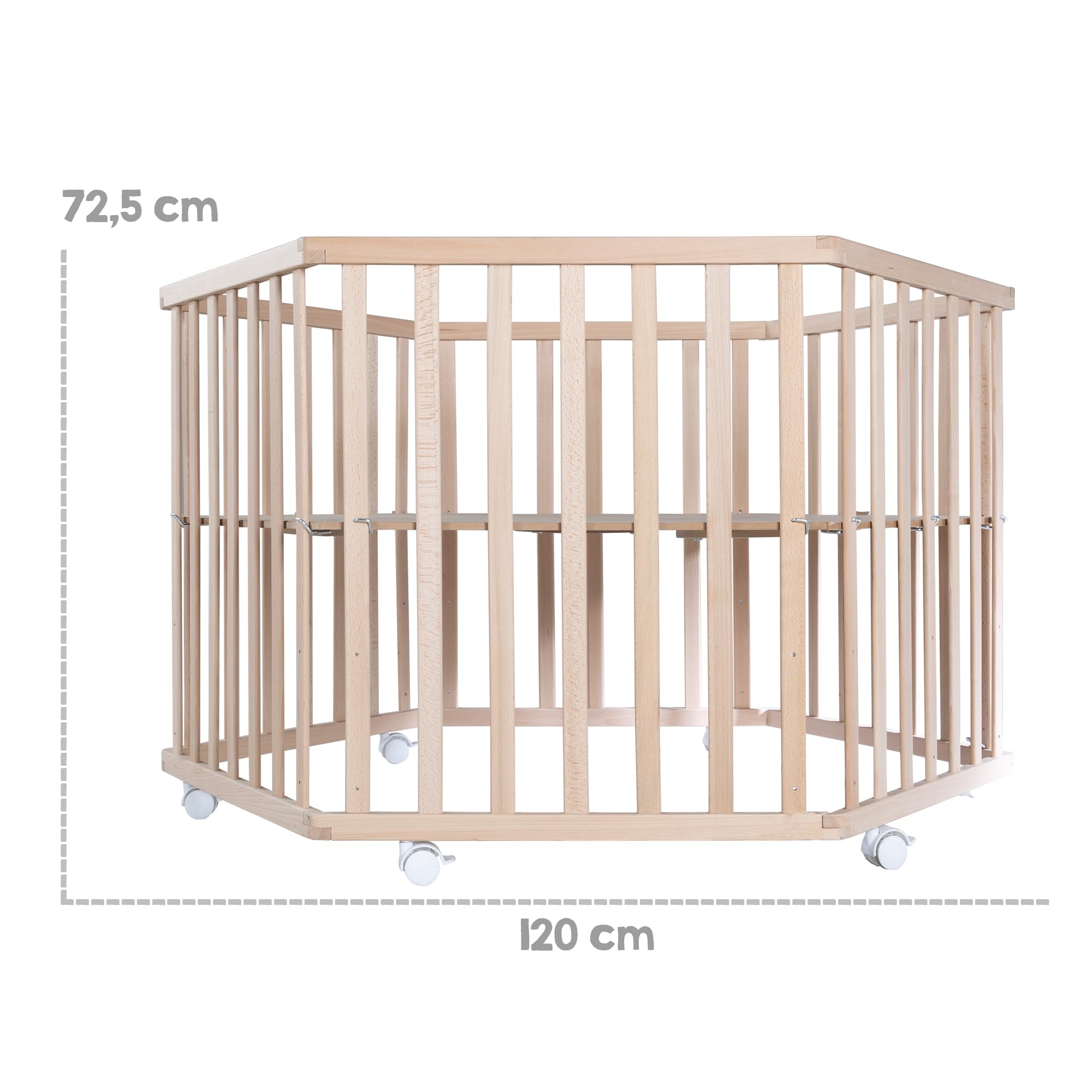 roba parc hexagonal avec tapis au design 'Little Stars' – bois massif de hêtre – parc réglable en hauteur sur 3 niveaux – mobile et sécurisé grâce aux roulettes freinées – bois naturel