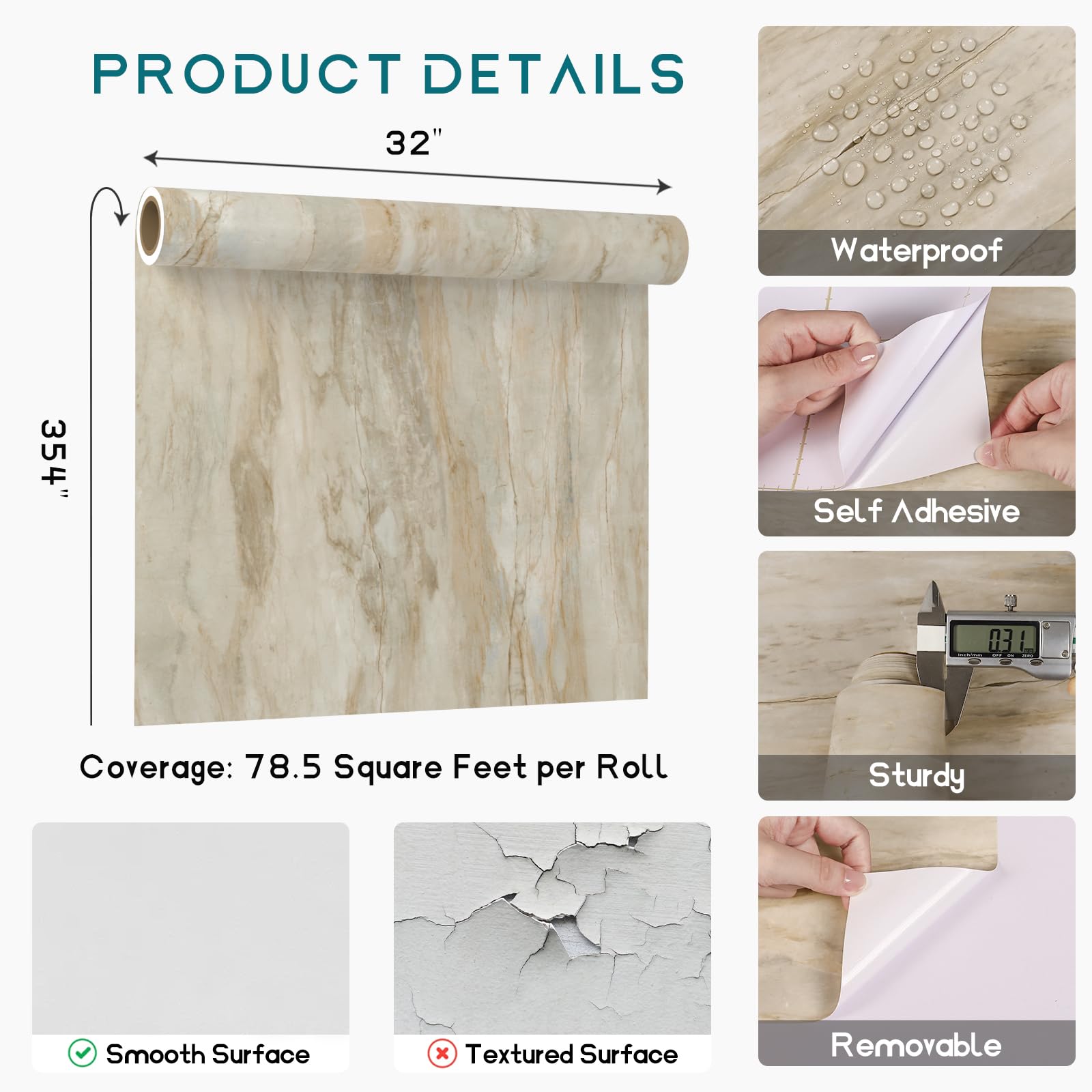 VEELIKE Papel de contacto grande de mármol beige pizarra para encimeras, impermeable, para encimeras de despegar y pegar, 32 x 354 pulgadas de grosor, papel de contacto de mármol, papel tapiz