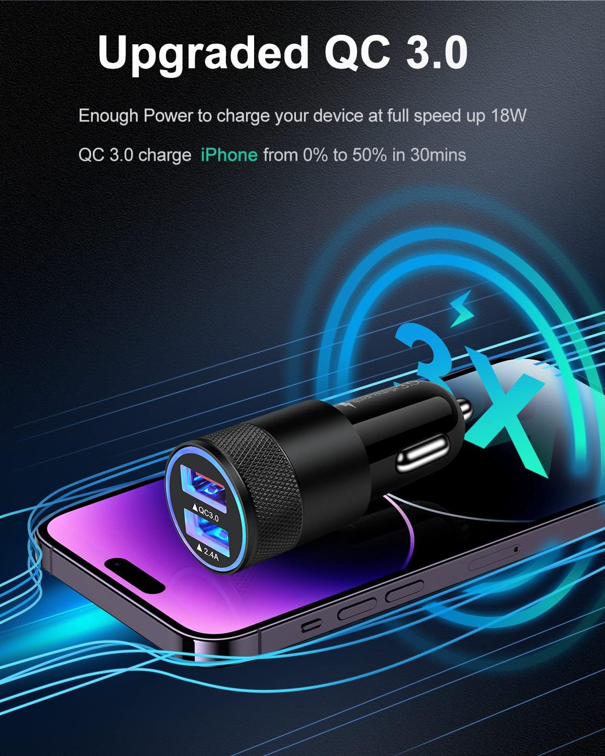 30w Car Charger, Quick Charge 3.0 Cigarette Lighter Adapter, 2 Port Fast Charging Car Block for iPhone 14 Pro Max 13, Samsung Galaxy S23 Ultra S22 A13, Google Pixel, USB Auto Cargador Carro for Travel