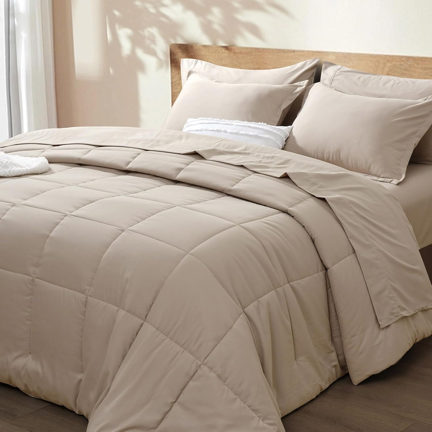 PHF 7 Pieces Queen Comforter Set Taupe, Bed in a Bag Summer Comforter & 18" Sheet Set All Season, Ultra Soft Noiseless Bedding Sets with Comforter, Sheets, Pillowcases & Shams Queen Taupe