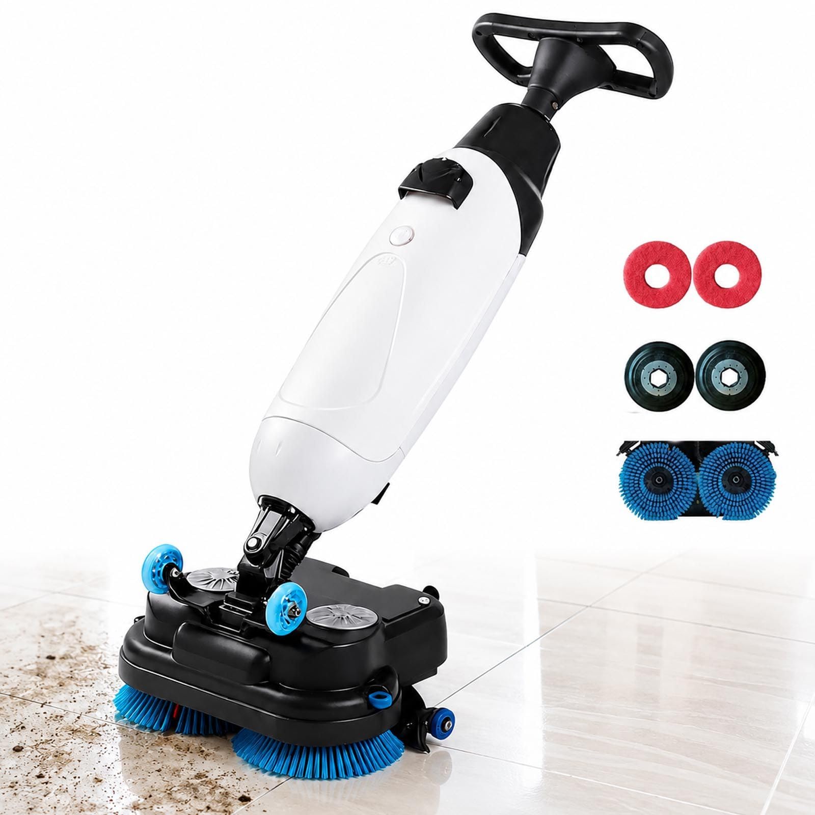 Cordless Floor Scrubber For Small Commercial Spaces,17In 140aw Walk-Behind Cleaning Machine W/360° Rotation Dual Brush/Squeegee Width 430mm-For Offices,Restaurants, Salons Retail Stores White