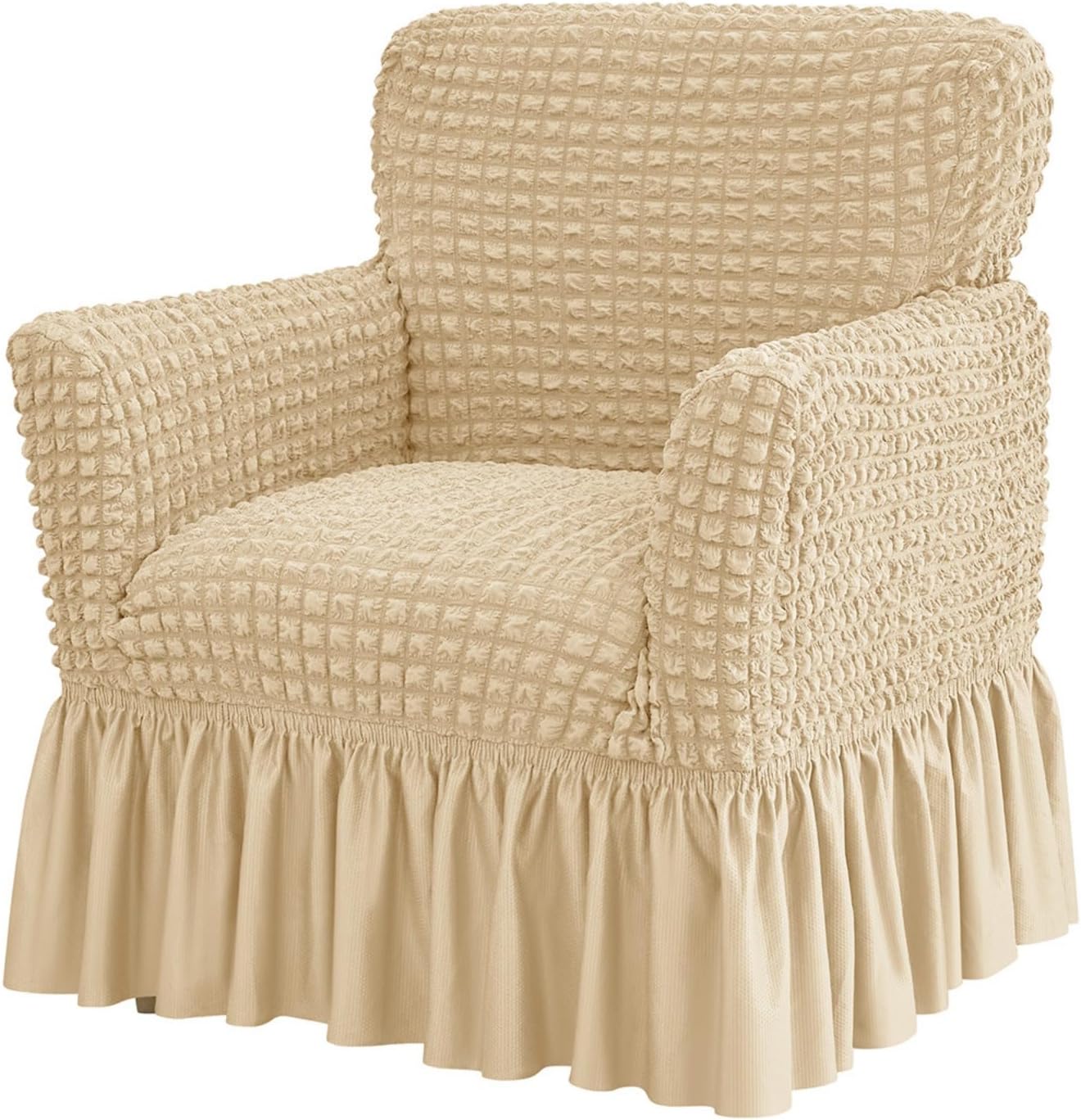 Seersucker Armchair Cover,Small Modern Stretch Club Slipcovers with Ruffled Skirt for Study Bar Counter Living Room (Cream,S)