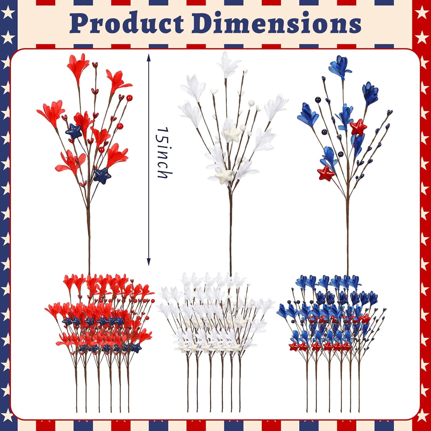 Janinka 18 Pcs White Blue Red Decor 250th Anniversary Decoration Patriotic Artificial Berry Stem Picks for 4th of July Independence Day Pentagram Faux Floral Branches for Home Office Vase Decor