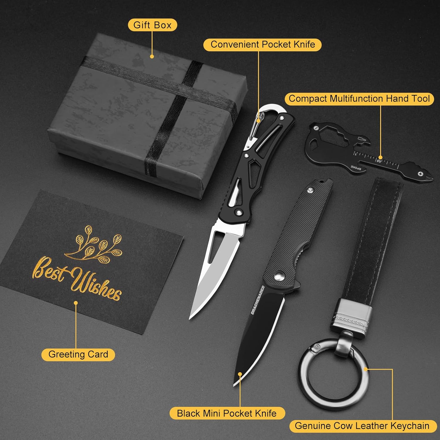 DRACHENADER Valentine's Gifts for Men, Husband, Dad, or Son – 2 Black Small Folding Pocket Knives, Cool Ready-to-Gift for Birthday, Father’s Day, Thanksgiving, Christmas, New Year