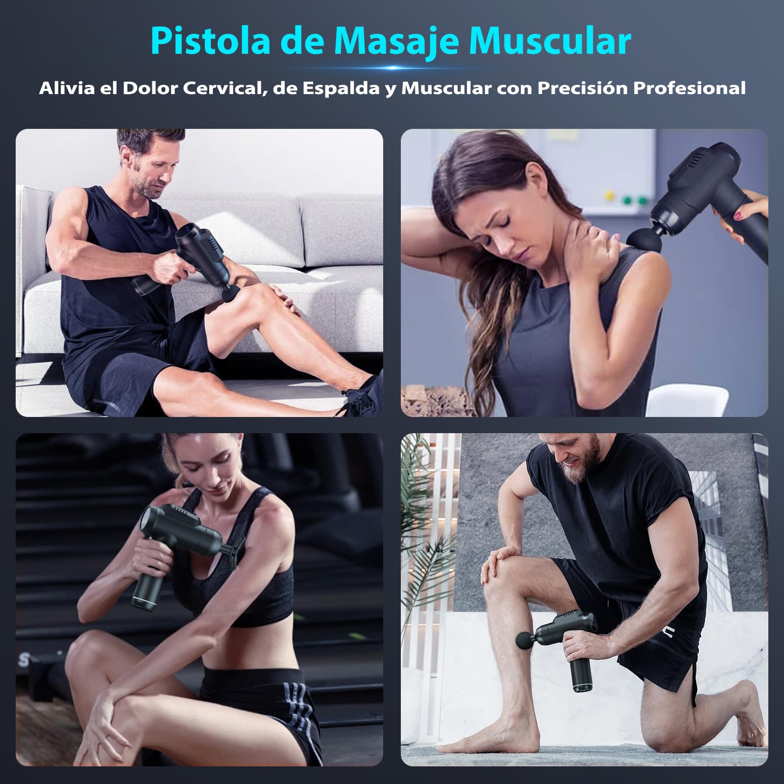 Pistola de Masaje Muscular, Masajeador Cervical y Espalda, pistola masaje con 99 Intensidad Ajustable y 6 Cabezales de Masaje,Silenciosos Masajeador para Aliviar el Dolor Muscular