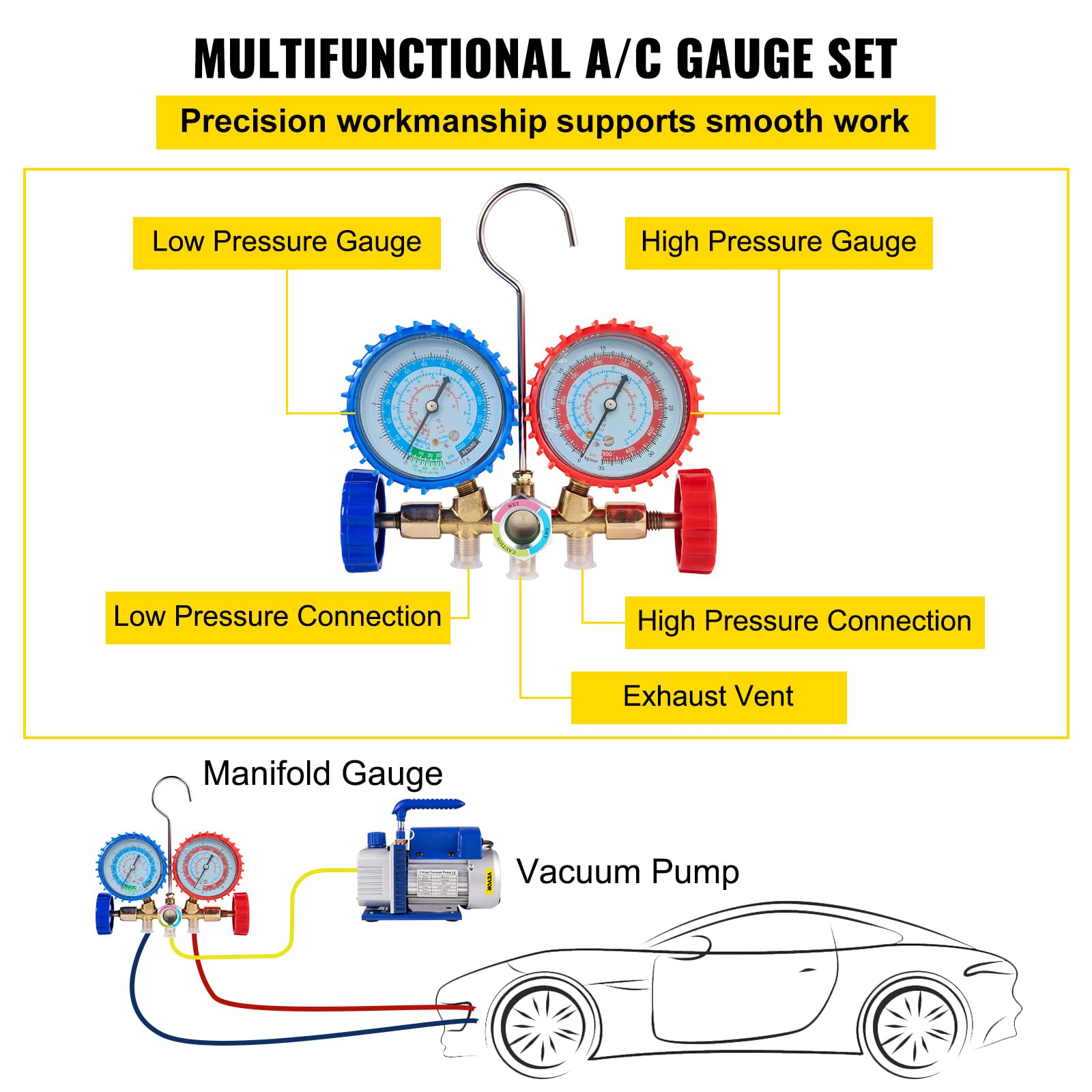 VEVOR 4 CFM Vakuumpumpe 220 V 50 Hz Klimaanlage Unterdruckpumpe Vakuumgeräte Pumpe 1720 U Refrigerant Vacuum Pump, Vakuumgeräte Verteiler-Manometer-Set für Klimaanlage Kfz-Kühlsystemen