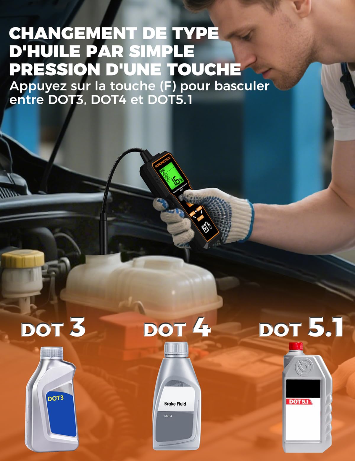 Testeur de liquide de frein professionnel FT01, sonde sensible résistante à la corrosion, adapté pour DOT3/DOT4/DOT5.1, Testeur liquide de frein pour la sécurité du véhicule