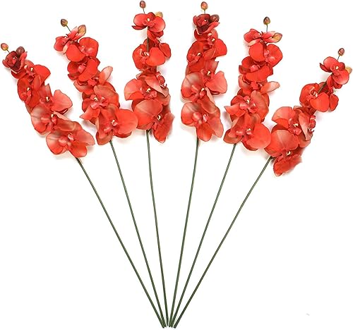 Miniatura 9 de Hosley Juego de 6 flores artificiales de orquídea de granja Phalaenopsis de 28 pulgadas de largo, Burgandy. Ideal para usar jarrones, para el hogar,