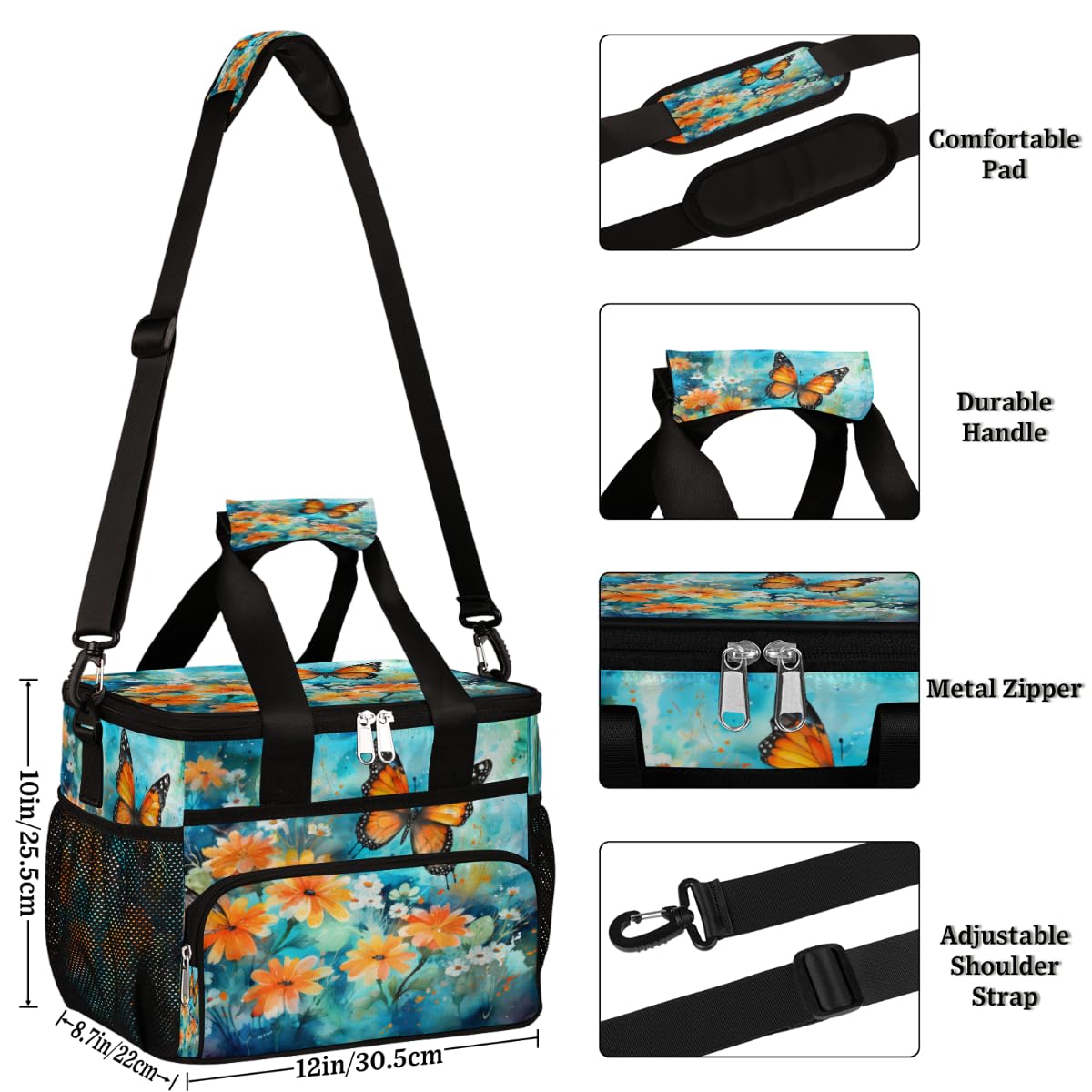 Yellow Flower Insulated Picnic Backpack Lunch Box for Women Men Picnic Basket Tote Lunch Bag Picnic Bag Portable Lunch Bags for Picnic, Beach, Work, Trip,Office, Camp Butterfly