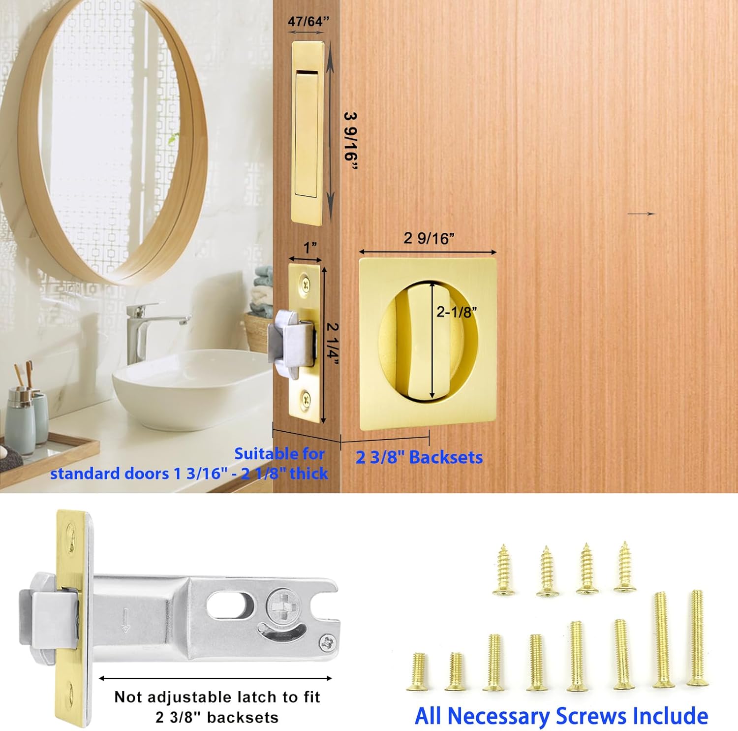Dontay Pocket Door Passage Latches Lock,Flush Double Sided Rotation,Privacy (Bed/Bath) Latch,Large Lever,Hardware for 1 3/8" to 2 3/16" Sliding Door & Bathroom Doors (Satin Brass, Square - 1 Set)
