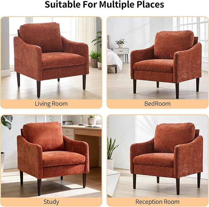 Sillón Curvo Acogedor, Tela Chenille y Madera, Naranja miniatura 7